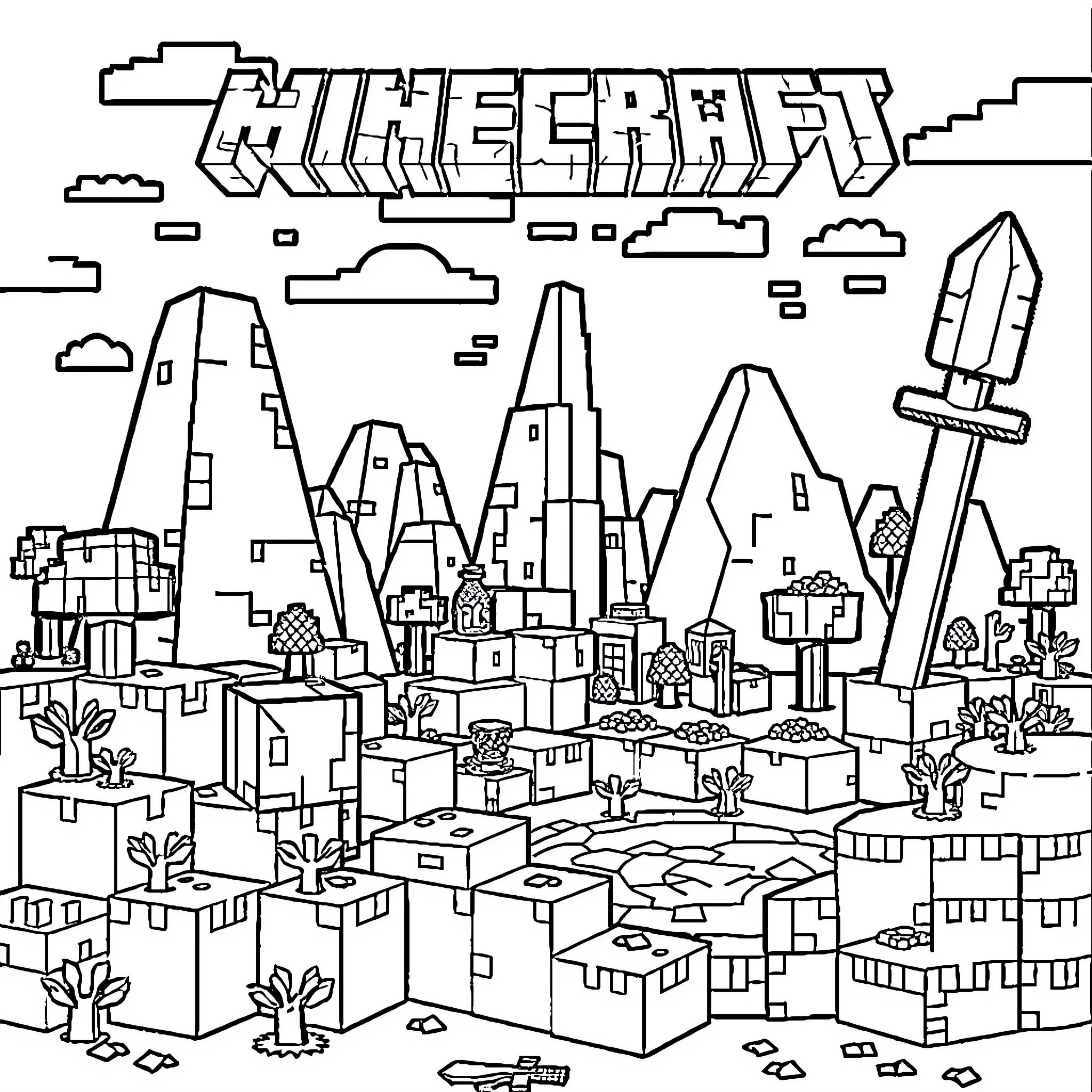 Minecraft Cityscape with Iconic Building Structures Coloring Page (free black-and-white line drawing printable PDF for all, from beginners to advanced learners, including children, teens, adults, and seniors)