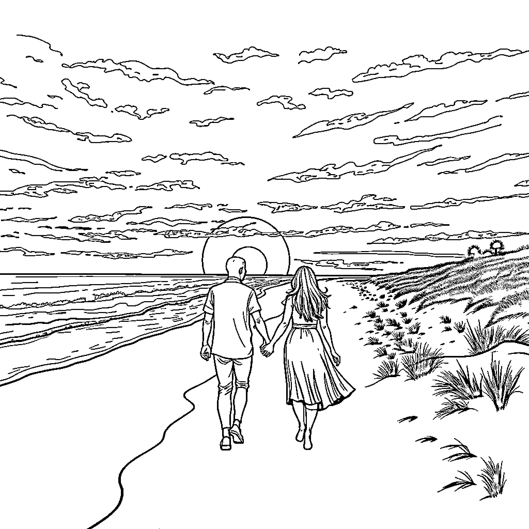 Person walking together on a scenic path at sunset Coloring Page (free black-and-white line drawing printable PDF for all, from beginners to advanced learners, including children, teens, adults, and seniors)