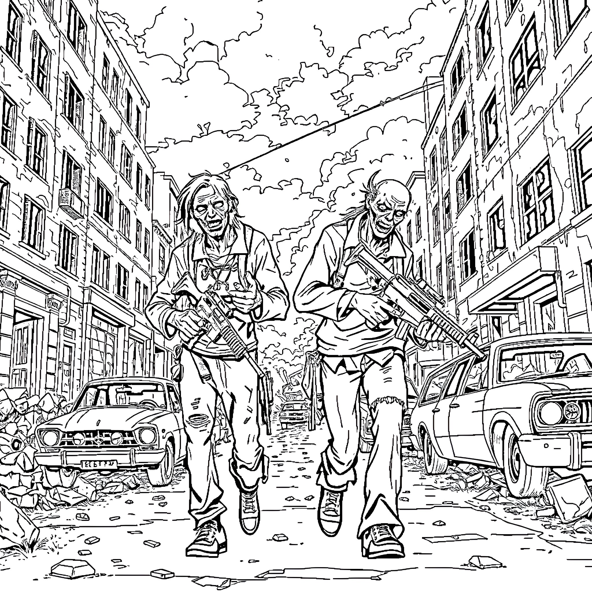 Zombie Duo Roaming the Apocalyptic City Streets Coloring Page (free black-and-white line drawing printable PDF for all, from beginners to advanced learners, including children, teens, adults, and seniors)