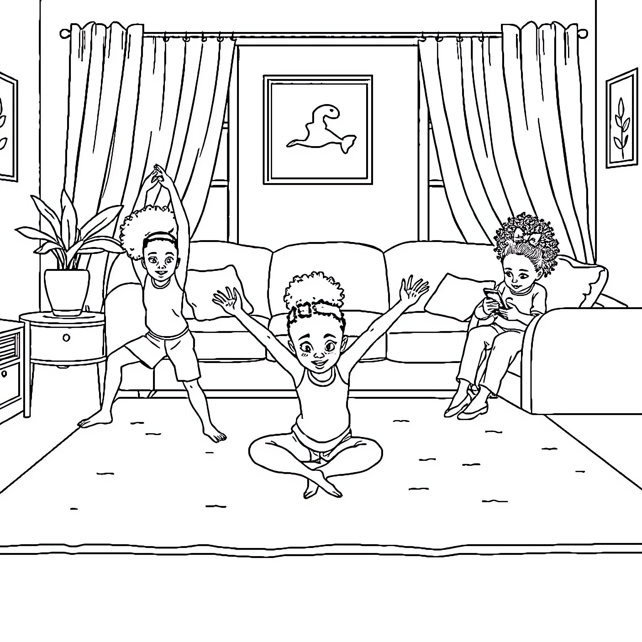 Kid friends playing and having fun in living room Coloring Page (free black-and-white line drawing printable PDF for all, from beginners to advanced learners, including children, teens, adults, and seniors)