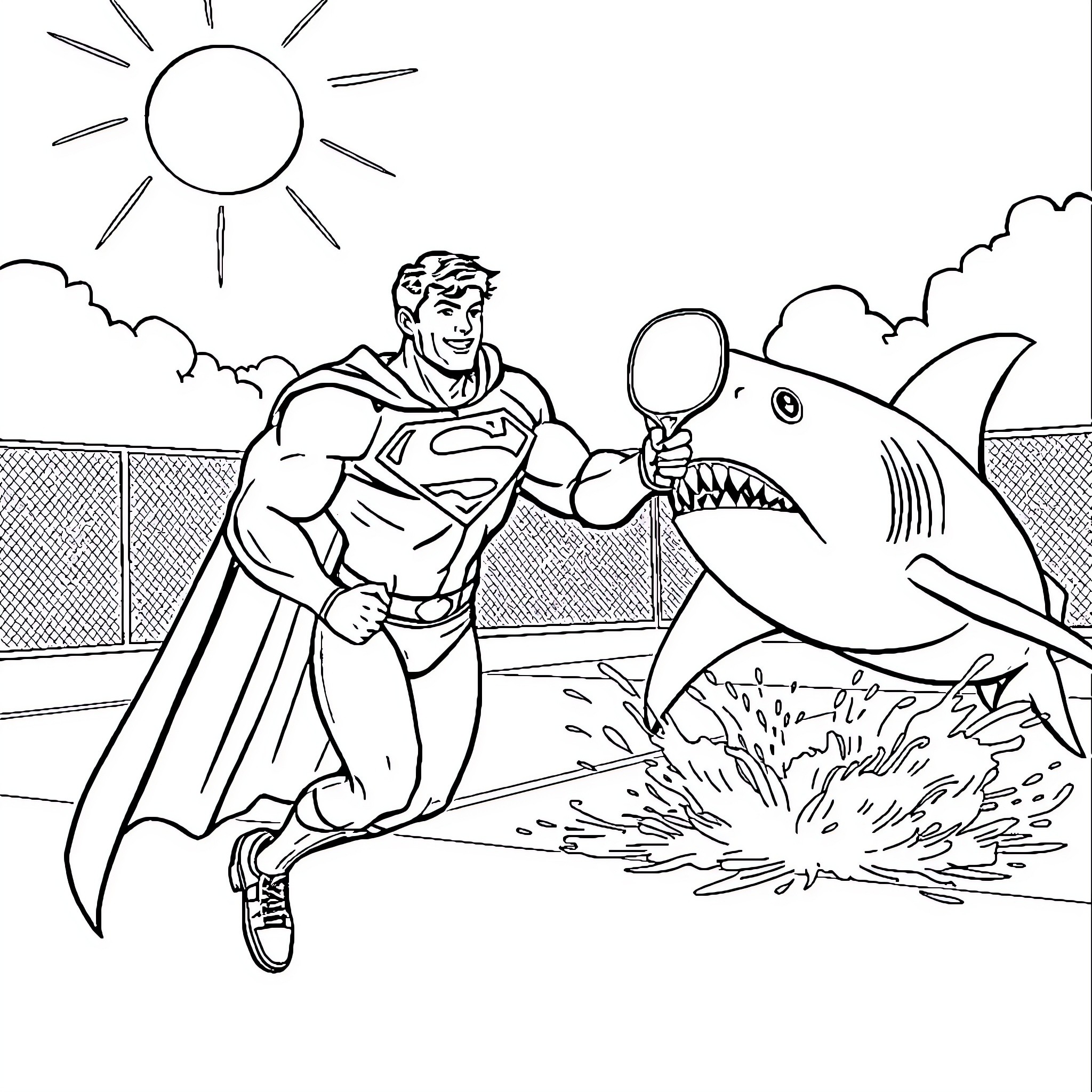 Superman confronting a giant shark in a coastal setting Coloring Page (free black-and-white line drawing printable PDF for all, from beginners to advanced learners, including children, teens, adults, and seniors)