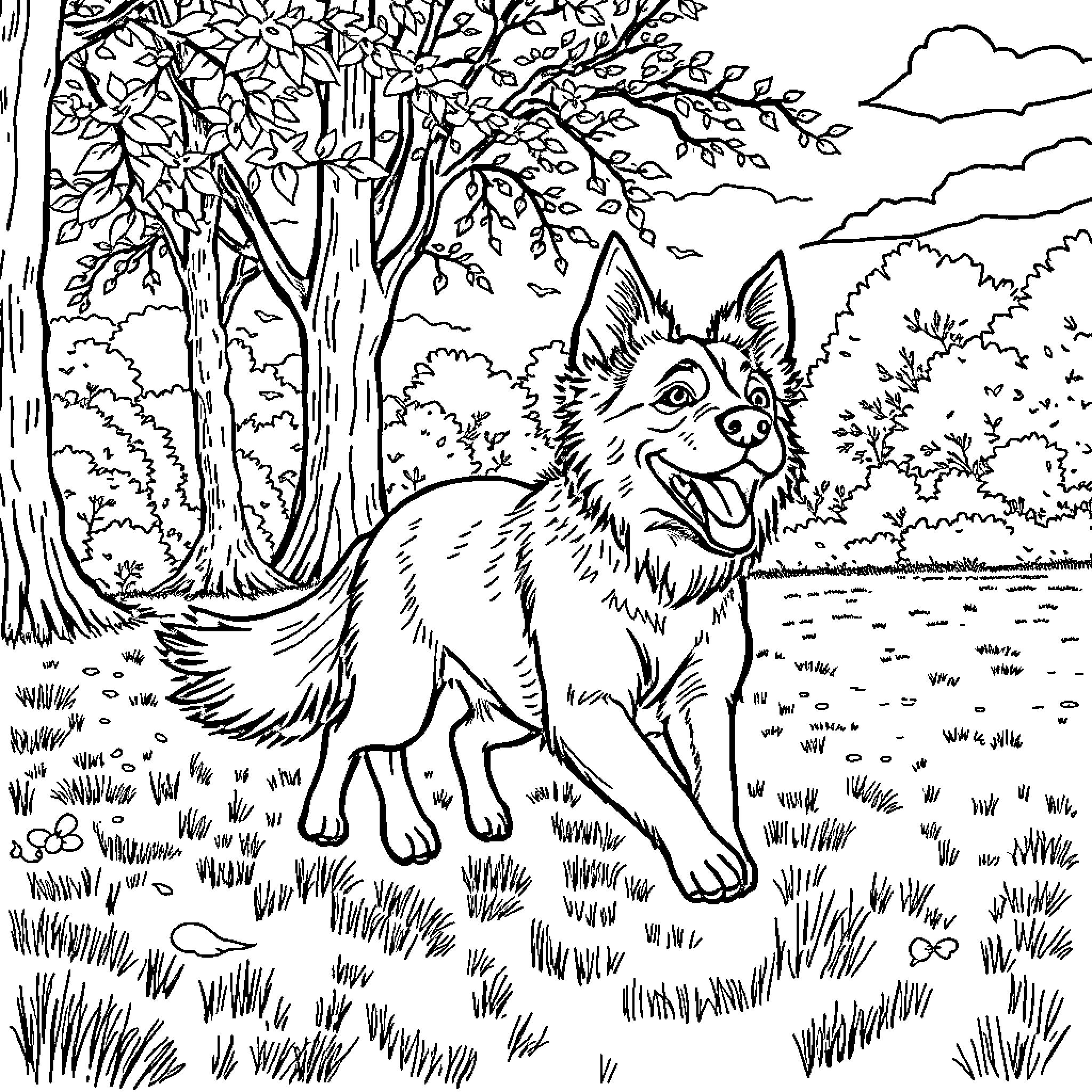 Dog exploring the scenic forest Coloring Page (free black-and-white line drawing printable PDF for all, from beginners to advanced learners, including children, teens, adults, and seniors)