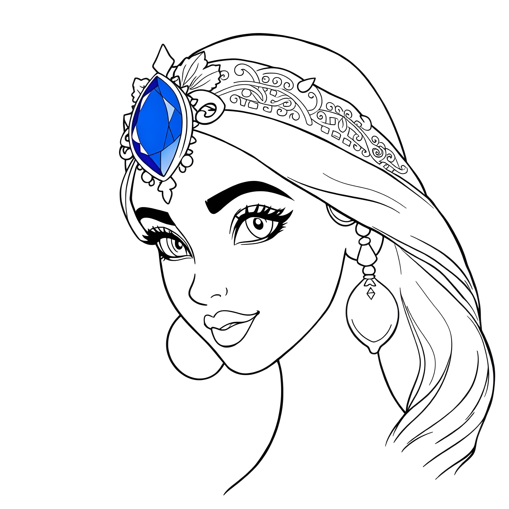 Jasmine, the enchanting beauty with intricate headpiece Coloring Page (free black-and-white line drawing printable PDF for all, from beginners to advanced learners, including children, teens, adults, and seniors)