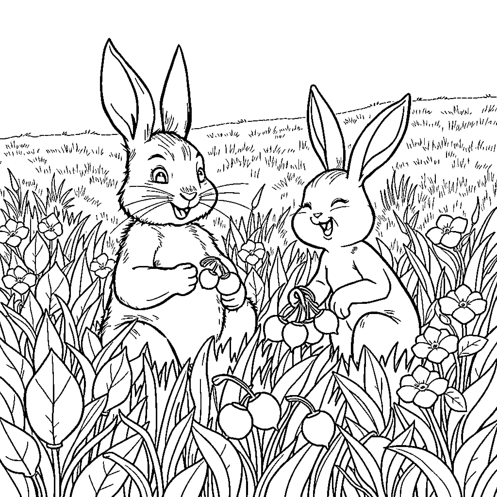 Peter Rabbit and friend picking berries in a meadow Coloring Page (free black-and-white line drawing printable PDF for all, from beginners to advanced learners, including children, teens, adults, and seniors)