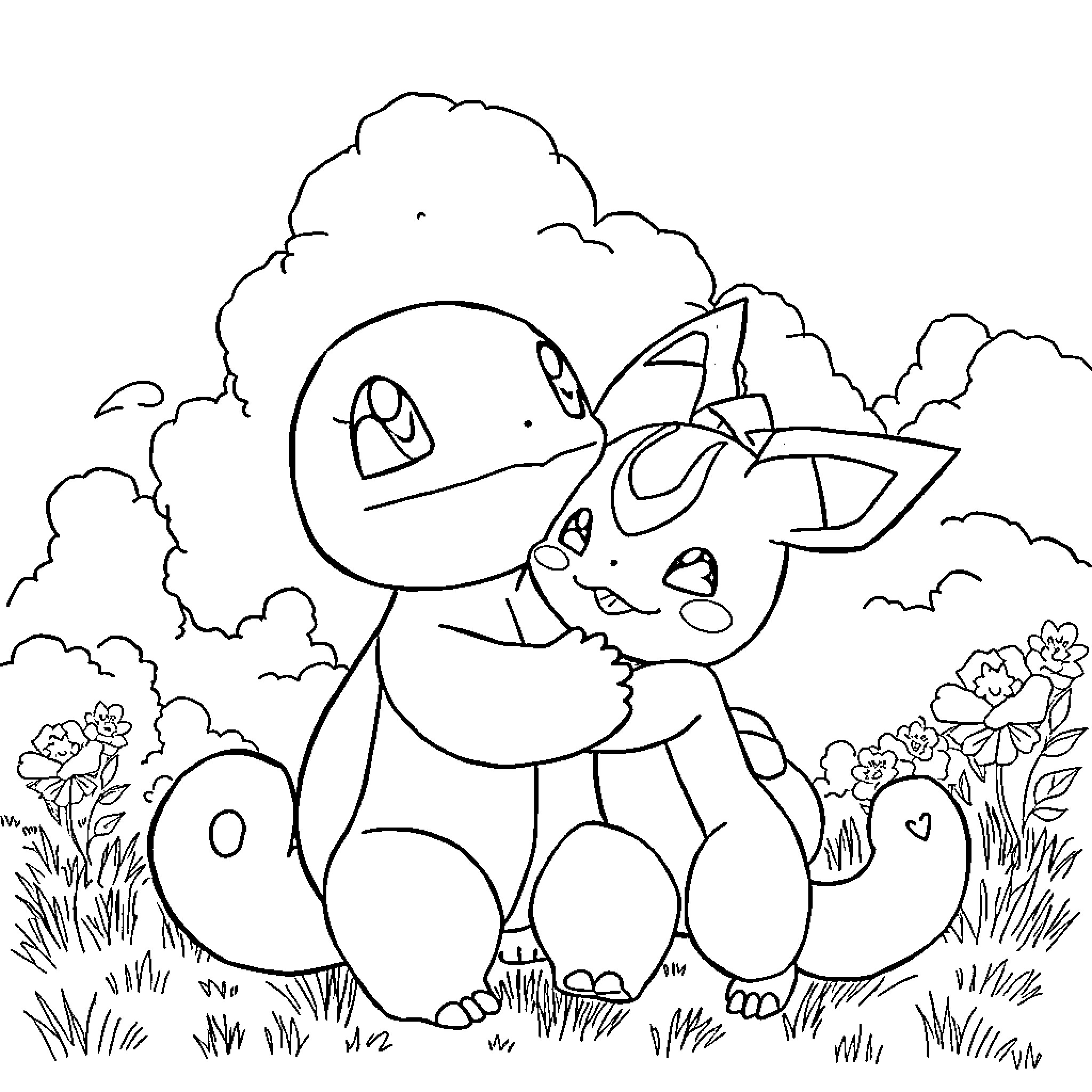 Squirtle playing with Bulbasaur in a grassy meadow Coloring Page (free black-and-white line drawing printable PDF for all, from beginners to advanced learners, including children, teens, adults, and seniors)