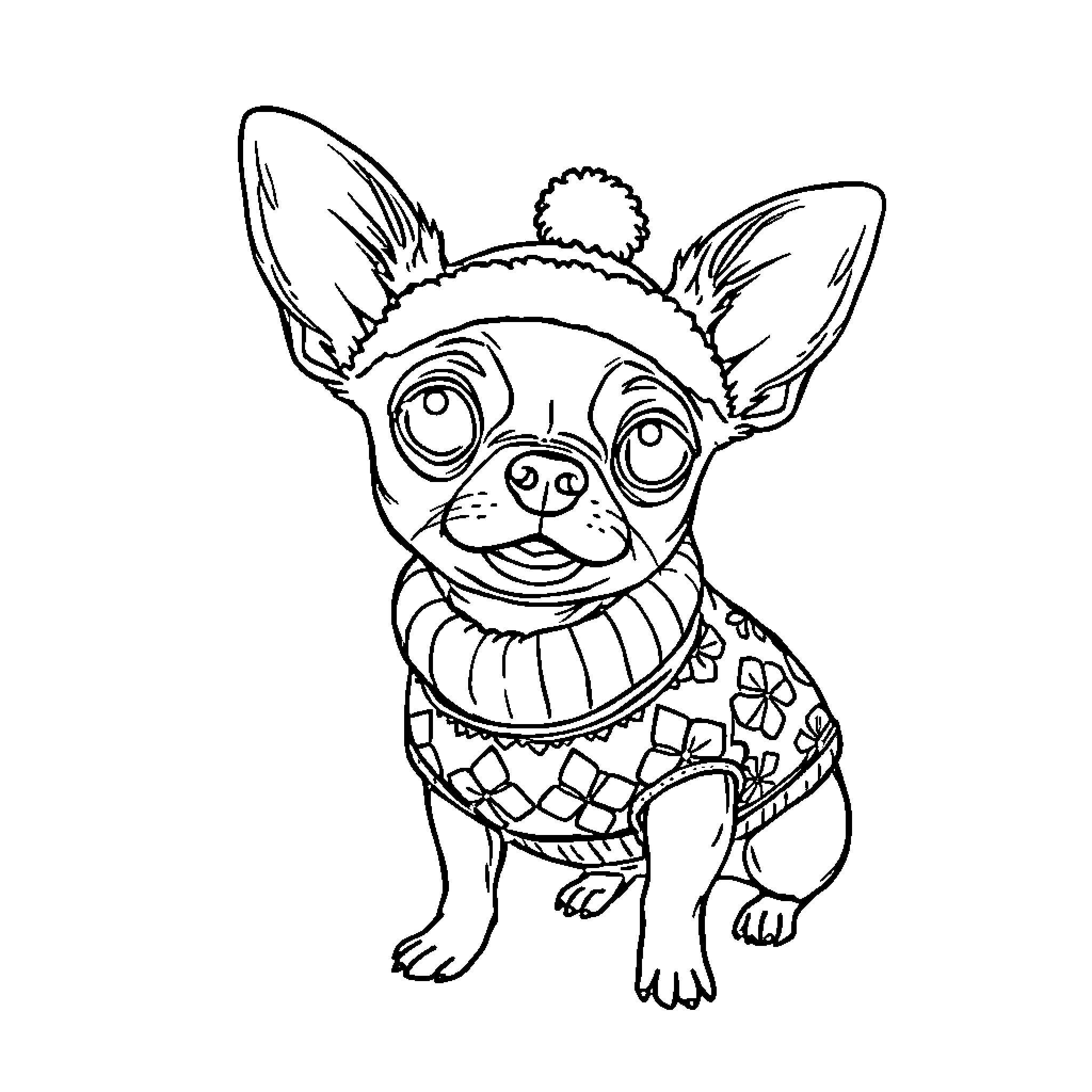 Chihuahua wearing a patterned sweater Coloring Page (free black-and-white line drawing printable PDF for all, from beginners to advanced learners, including children, teens, adults, and seniors)