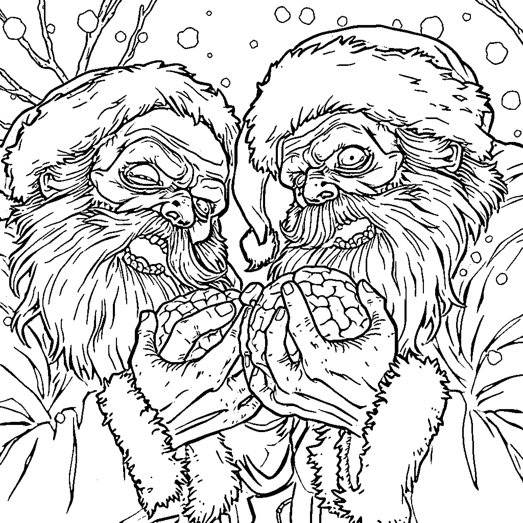 Zombie Sasquatch Creatures in Snowy Embrace Coloring Page (free black-and-white line drawing printable PDF for all, from beginners to advanced learners, including children, teens, adults, and seniors)