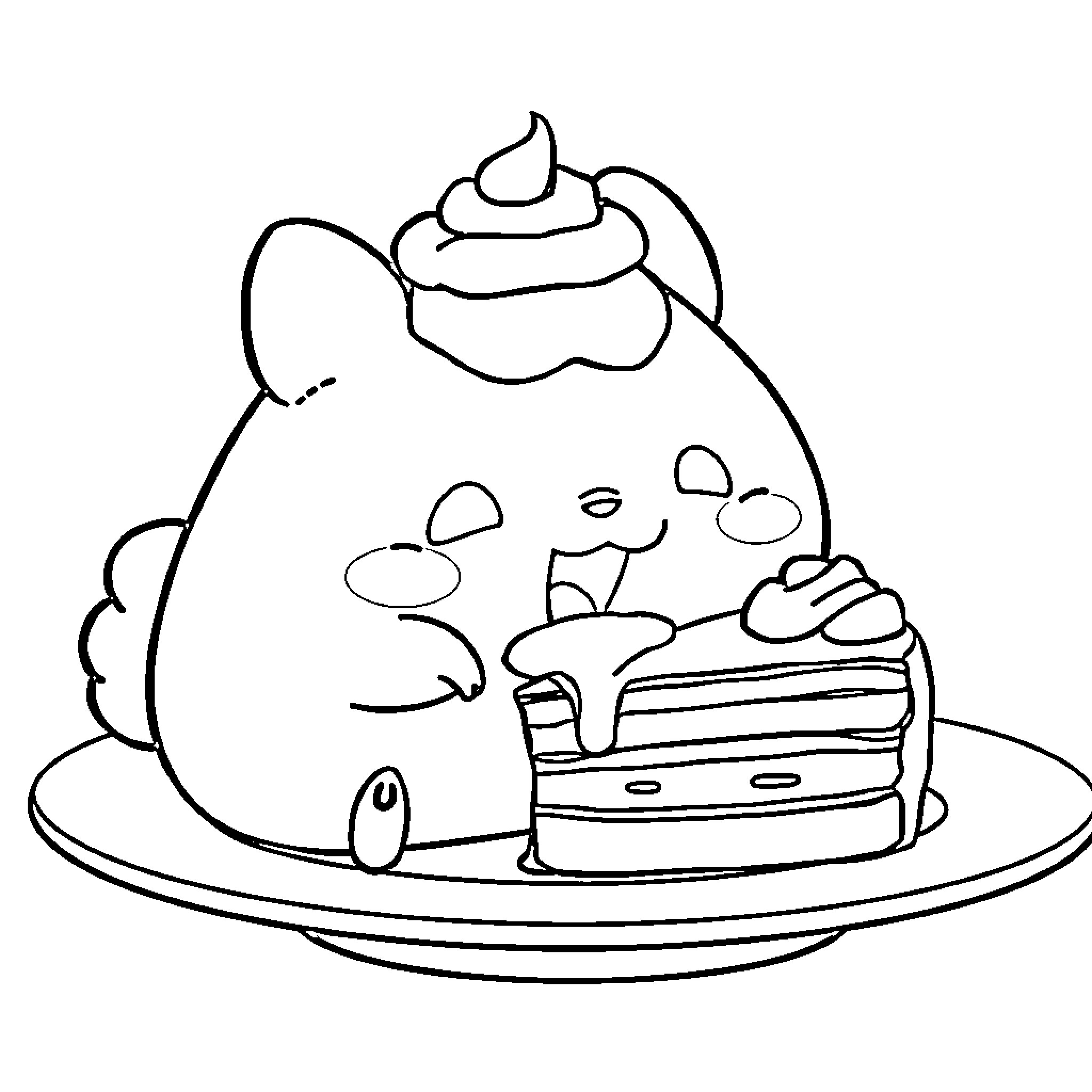 Pompompurin enjoying a delicious slice of cake Coloring Page (free black-and-white line drawing printable PDF for all, from beginners to advanced learners, including children, teens, adults, and seniors)