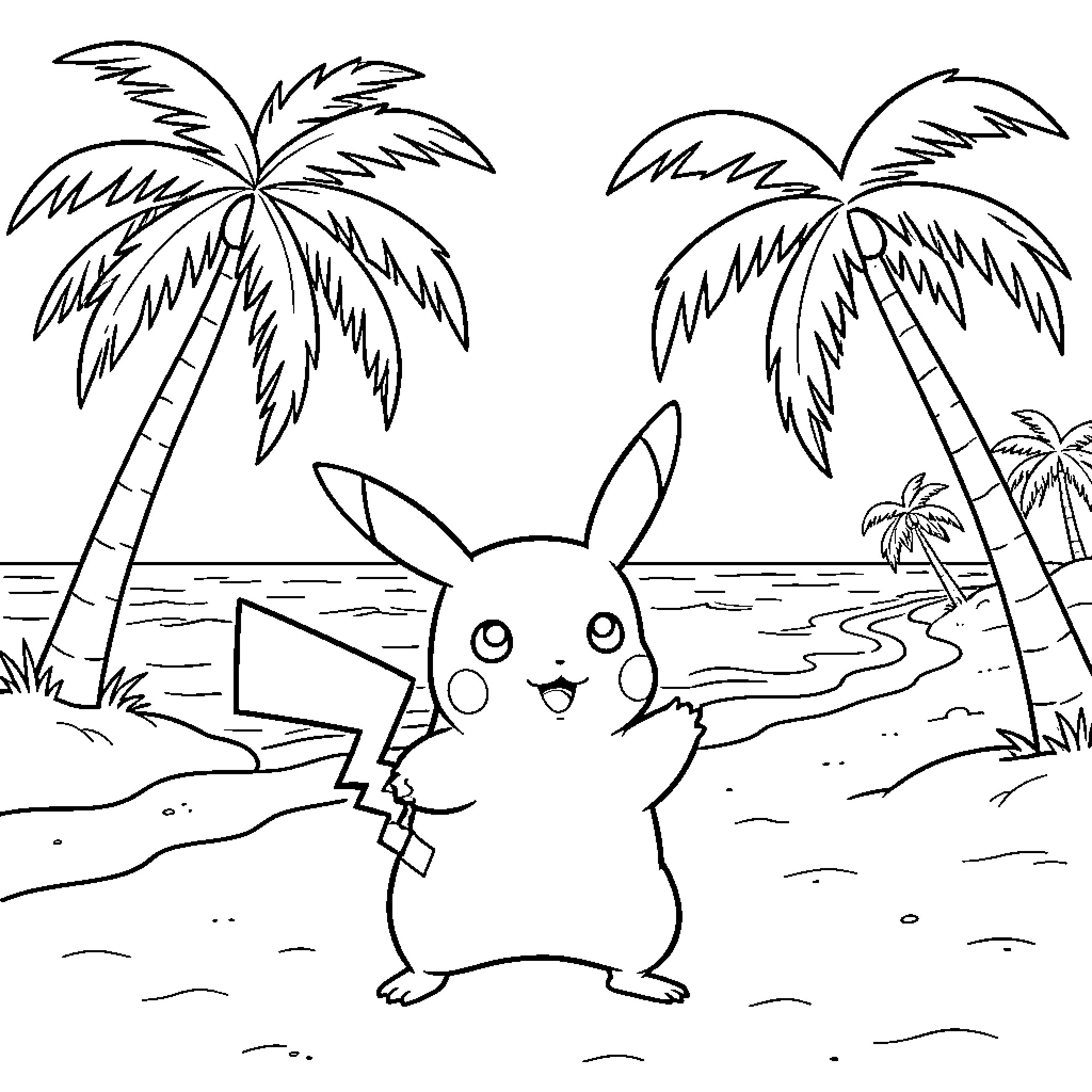 Pikachu waving happily on a tropical beach Coloring Page (free black-and-white line drawing printable PDF for all, from beginners to advanced learners, including children, teens, adults, and seniors)