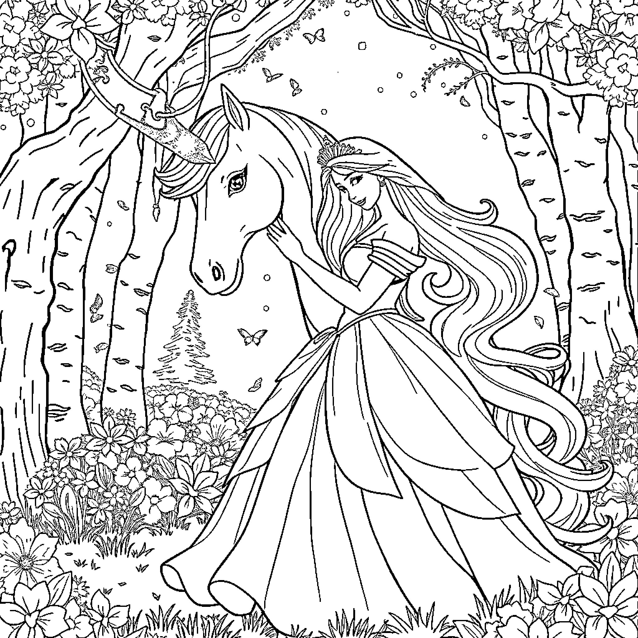 Princess and Her Enchanted Unicorn in the Forest Coloring Page (free black-and-white line drawing printable PDF for all, from beginners to advanced learners, including children, teens, adults, and seniors)