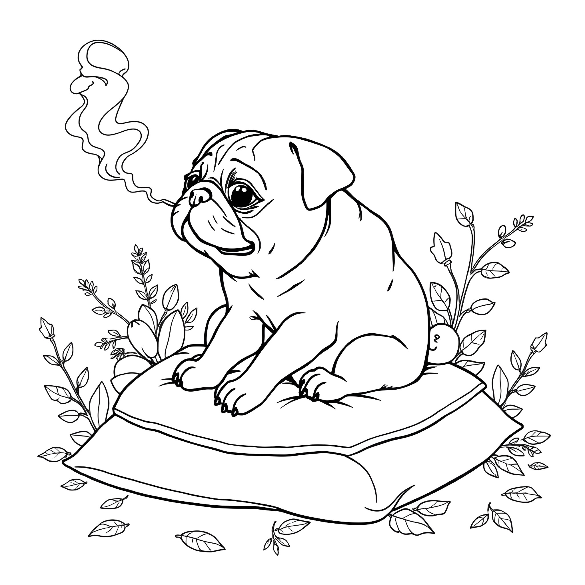 Pug lounging comfortably on a cushion surrounded by plants Coloring Page (free black-and-white line drawing printable PDF for all, from beginners to advanced learners, including children, teens, adults, and seniors)