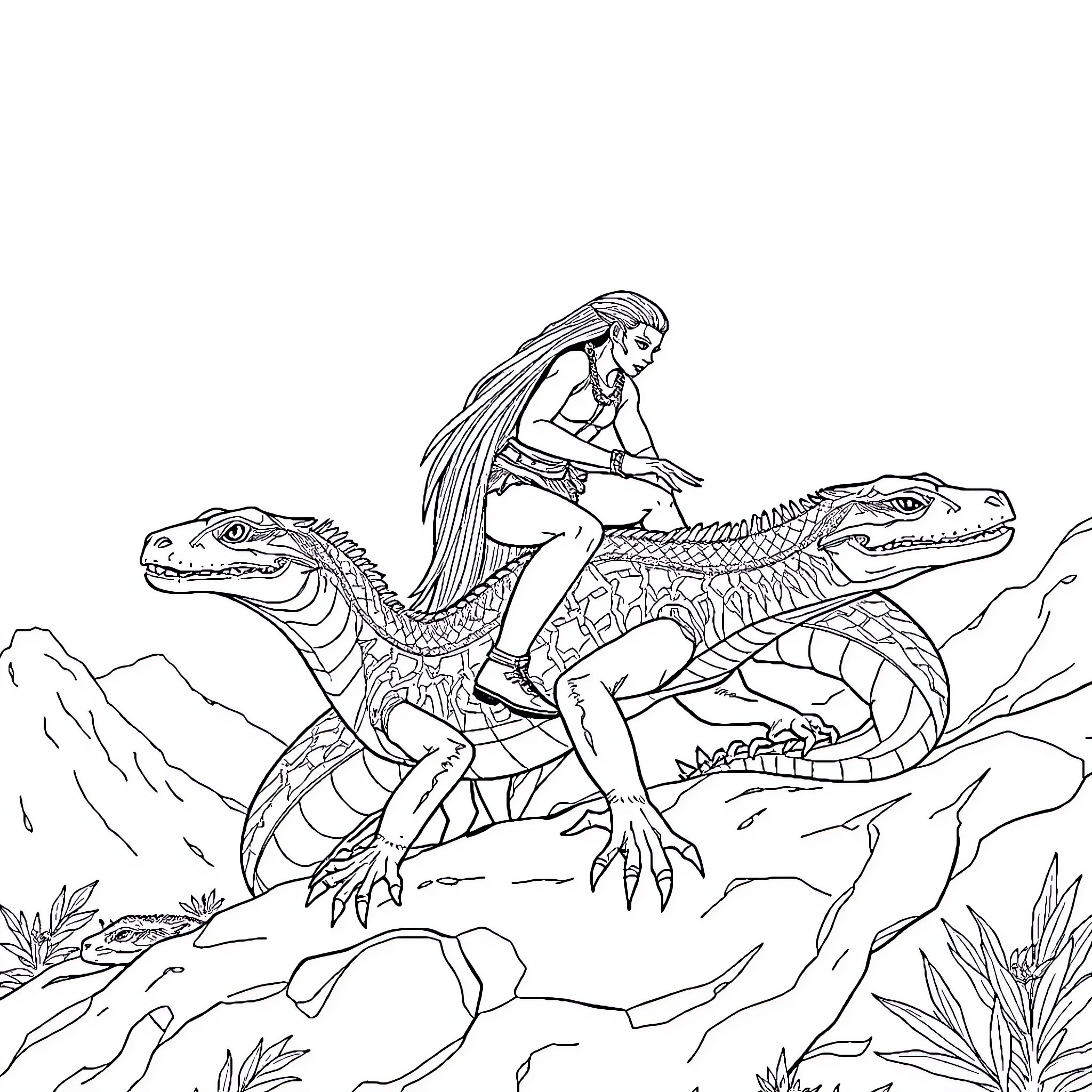 Na'vi woman riding a fierce reptilian creature Coloring Page (free black-and-white line drawing printable PDF for all, from beginners to advanced learners, including children, teens, adults, and seniors)