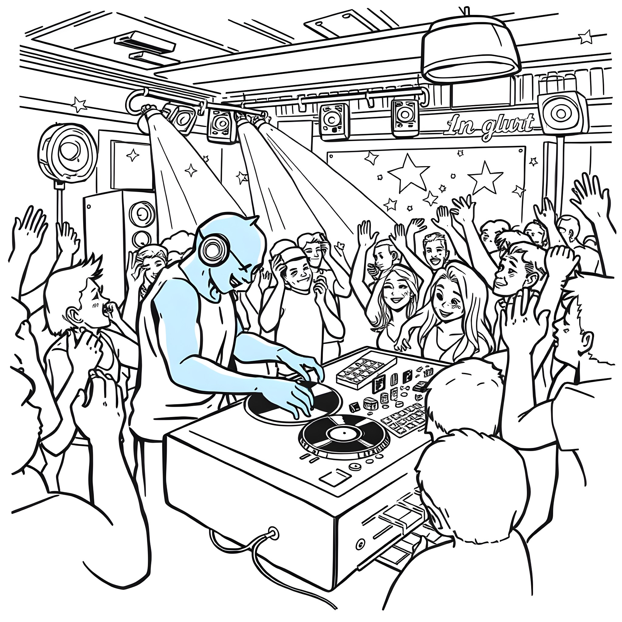 Bluey's Dance Party with Friends Coloring Page (free black-and-white line drawing printable PDF for all, from beginners to advanced learners, including children, teens, adults, and seniors)
