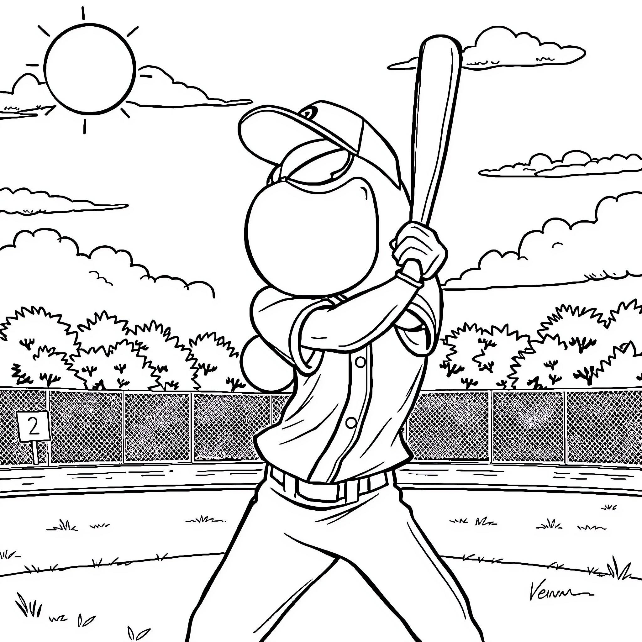 Venom Baseball Player in Action on the Field Coloring Page (free black-and-white line drawing printable PDF for all, from beginners to advanced learners, including children, teens, adults, and seniors)