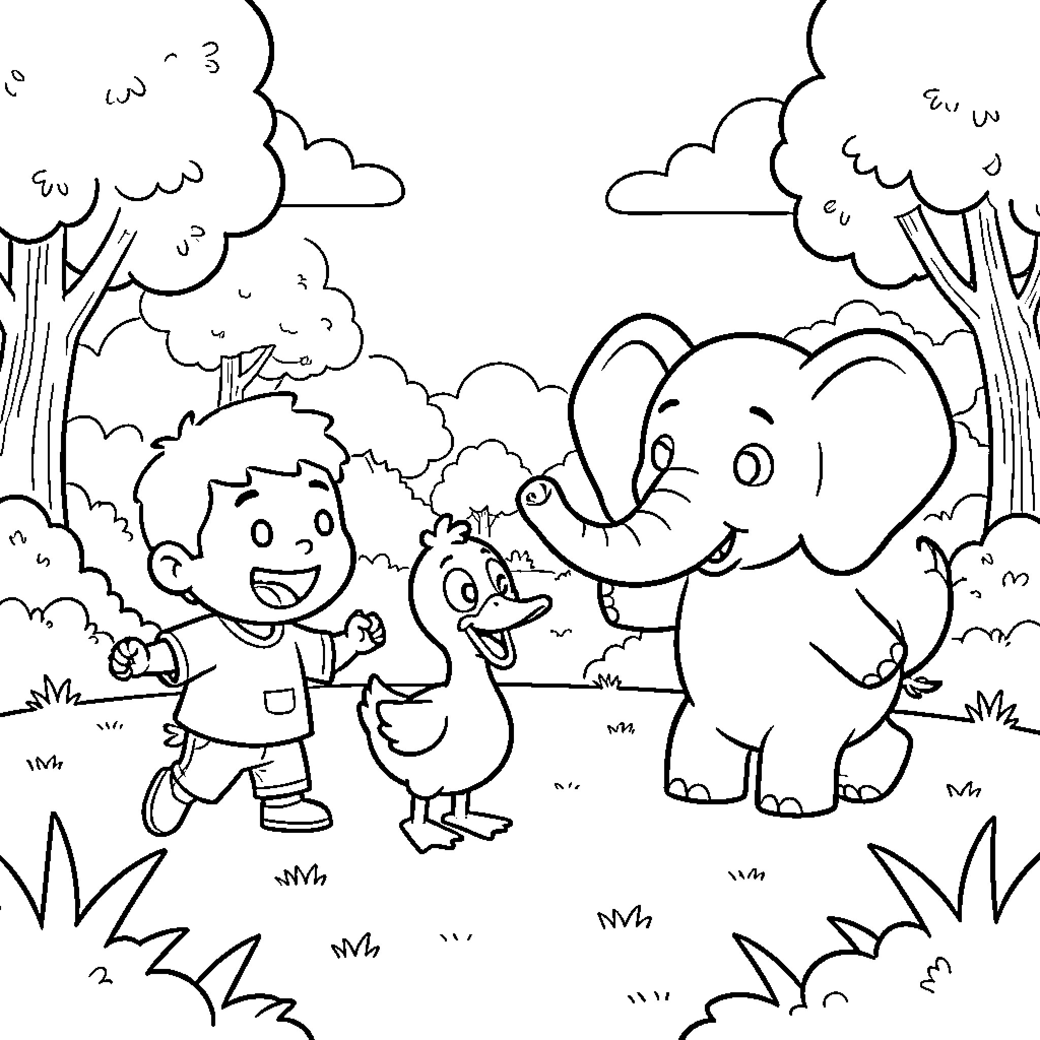 Pocoyo playing joyfully with an elephant and a duck Coloring Page (free black-and-white line drawing printable PDF for all, from beginners to advanced learners, including children, teens, adults, and seniors)