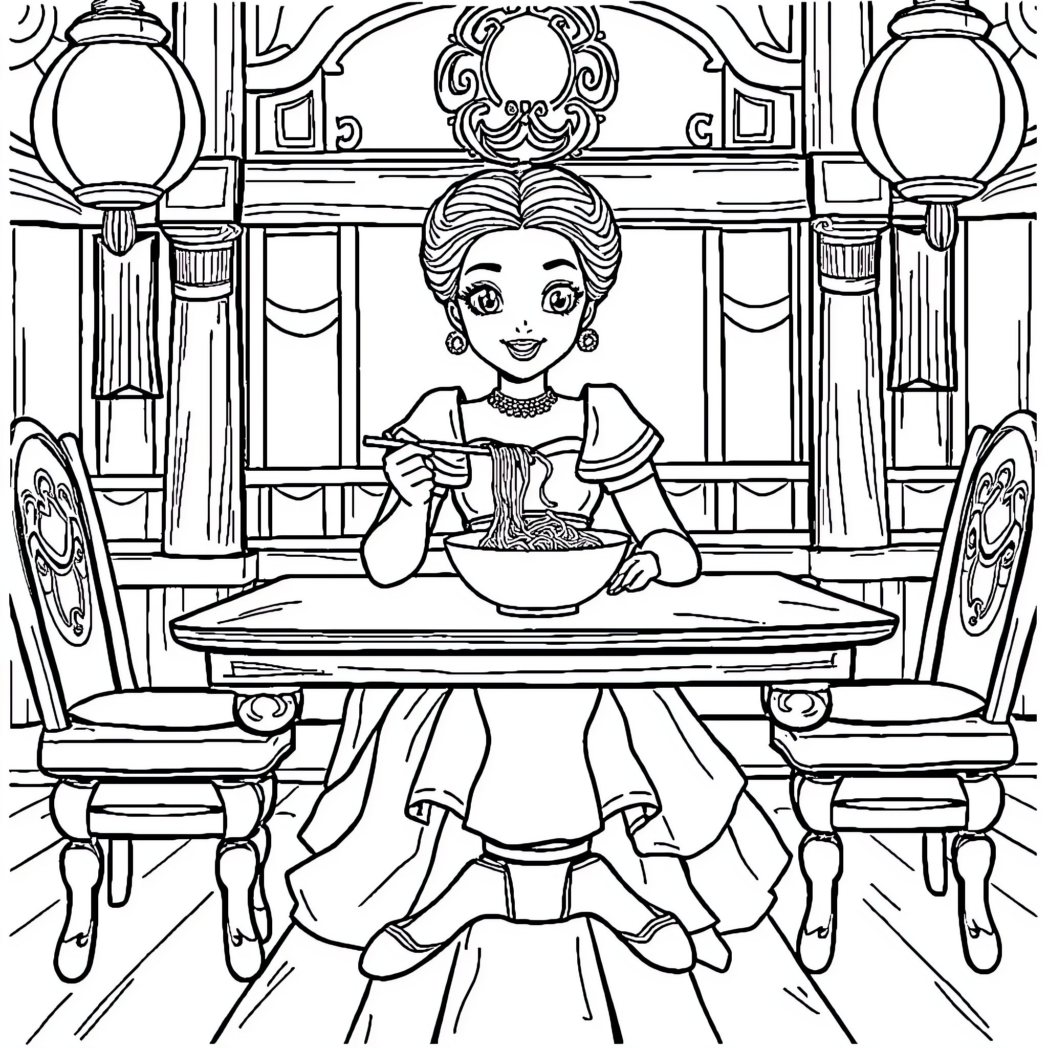 Princess Enjoying a Meal in a Regal Setting Coloring Page (free black-and-white line drawing printable PDF for all, from beginners to advanced learners, including children, teens, adults, and seniors)