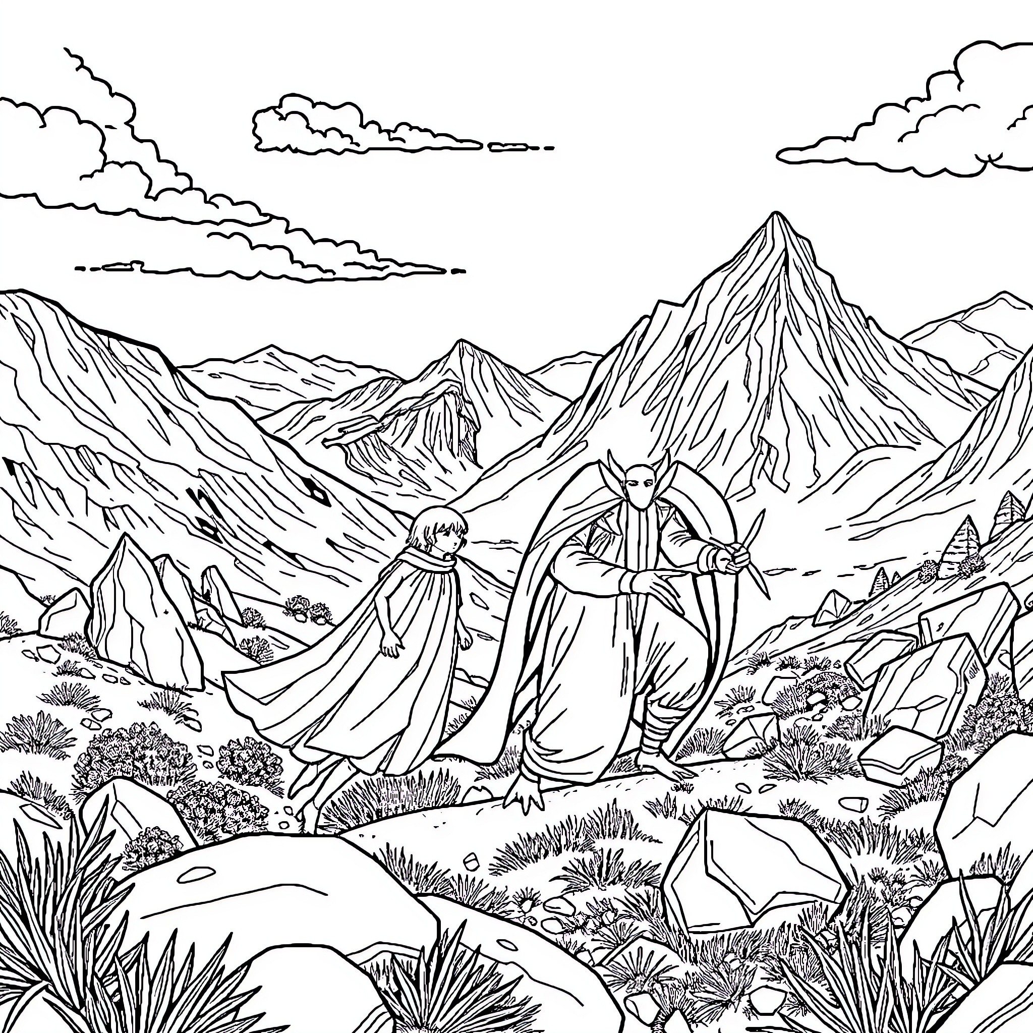 Dragon Travelers Exploring Rugged Mountain Landscape Coloring Page (free black-and-white line drawing printable PDF for all, from beginners to advanced learners, including children, teens, adults, and seniors)