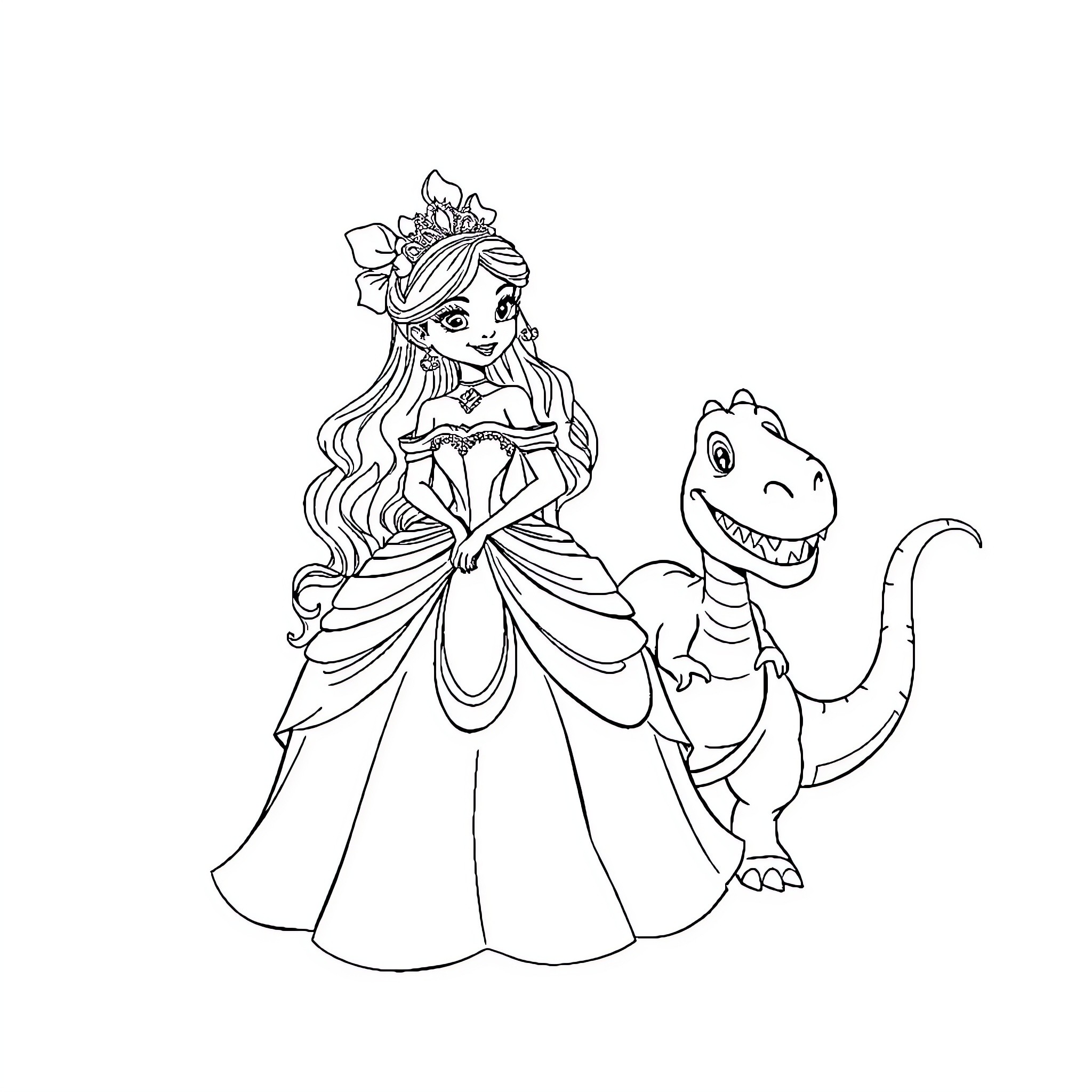 Cinderella in a beautiful gown with her friendly dragon companion Coloring Page (free black-and-white line drawing printable PDF for all, from beginners to advanced learners, including children, teens, adults, and seniors)