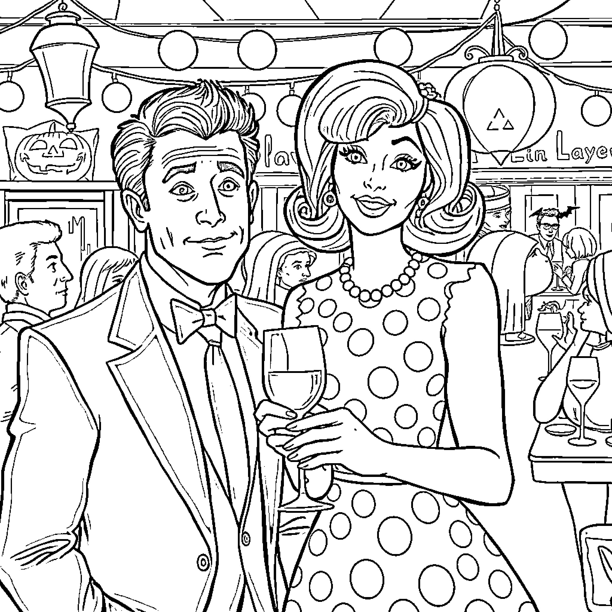 Agent Couple at Glamorous Party Coloring Page (free black-and-white line drawing printable PDF for all, from beginners to advanced learners, including children, teens, adults, and seniors)