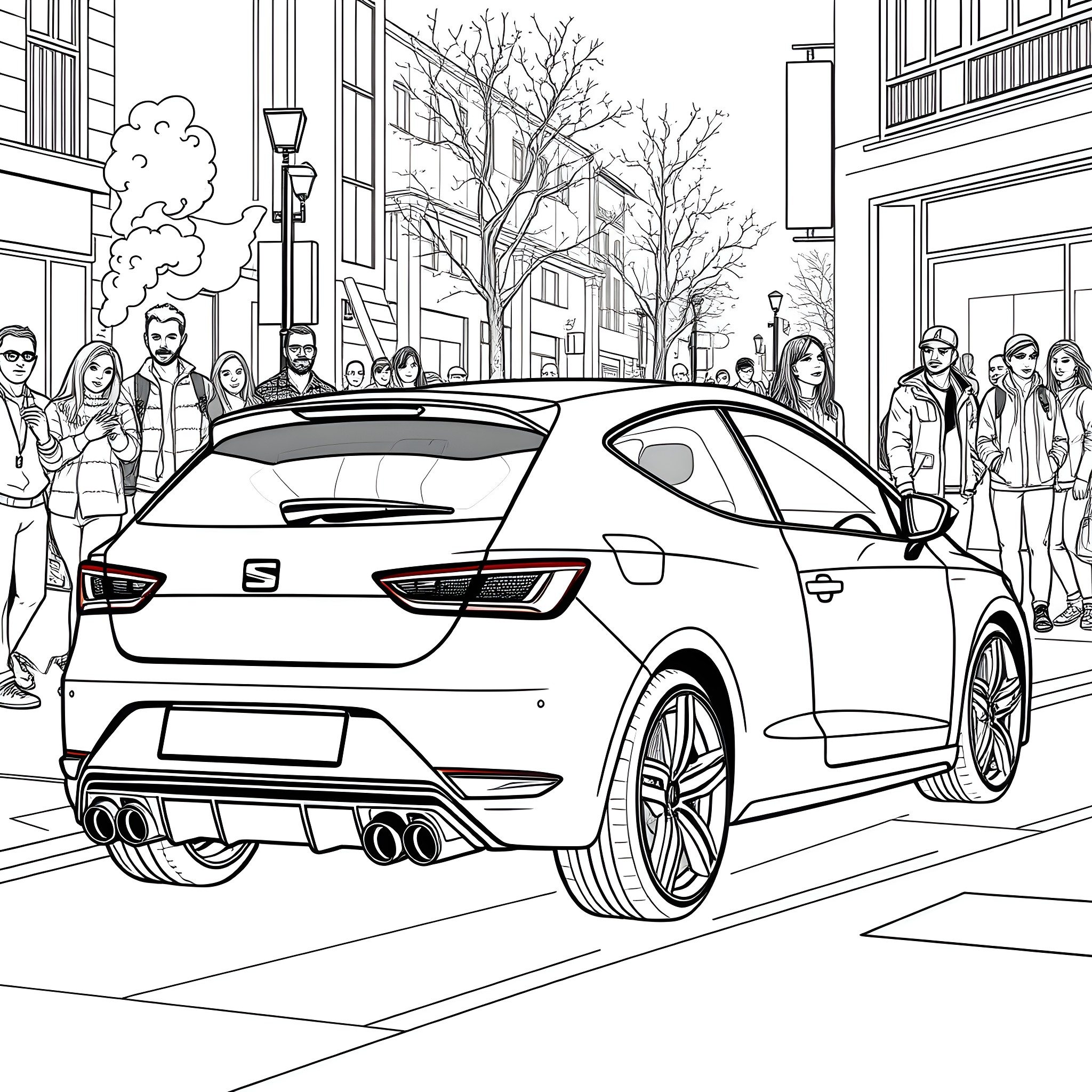 Seat Leon: Modern car on urban street with people Coloring Page (free black-and-white line drawing printable PDF for all, from beginners to advanced learners, including children, teens, adults, and seniors)