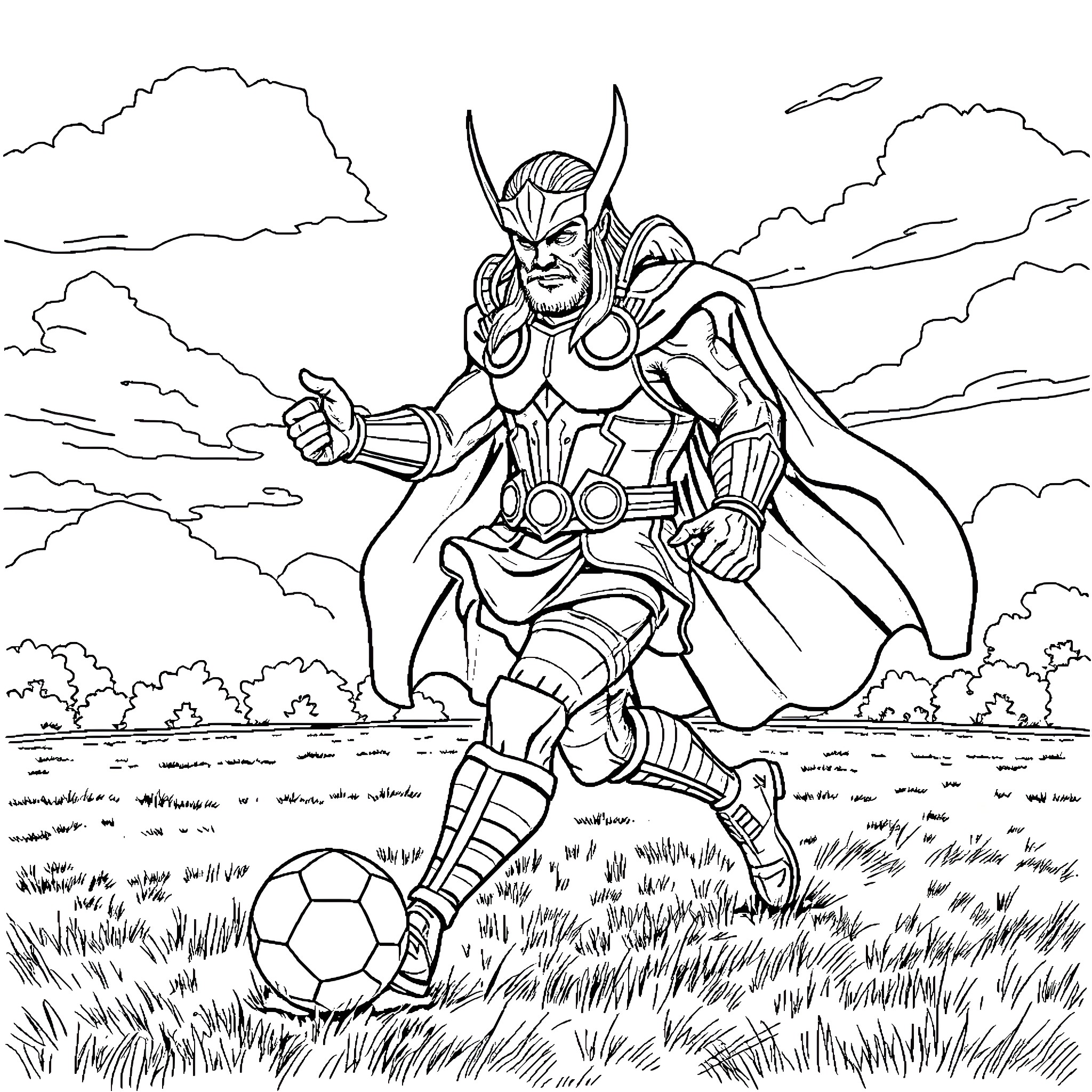 Thor Playing With Soccer Ball in the Field Coloring Page (free black-and-white line drawing printable PDF for all, from beginners to advanced learners, including children, teens, adults, and seniors)