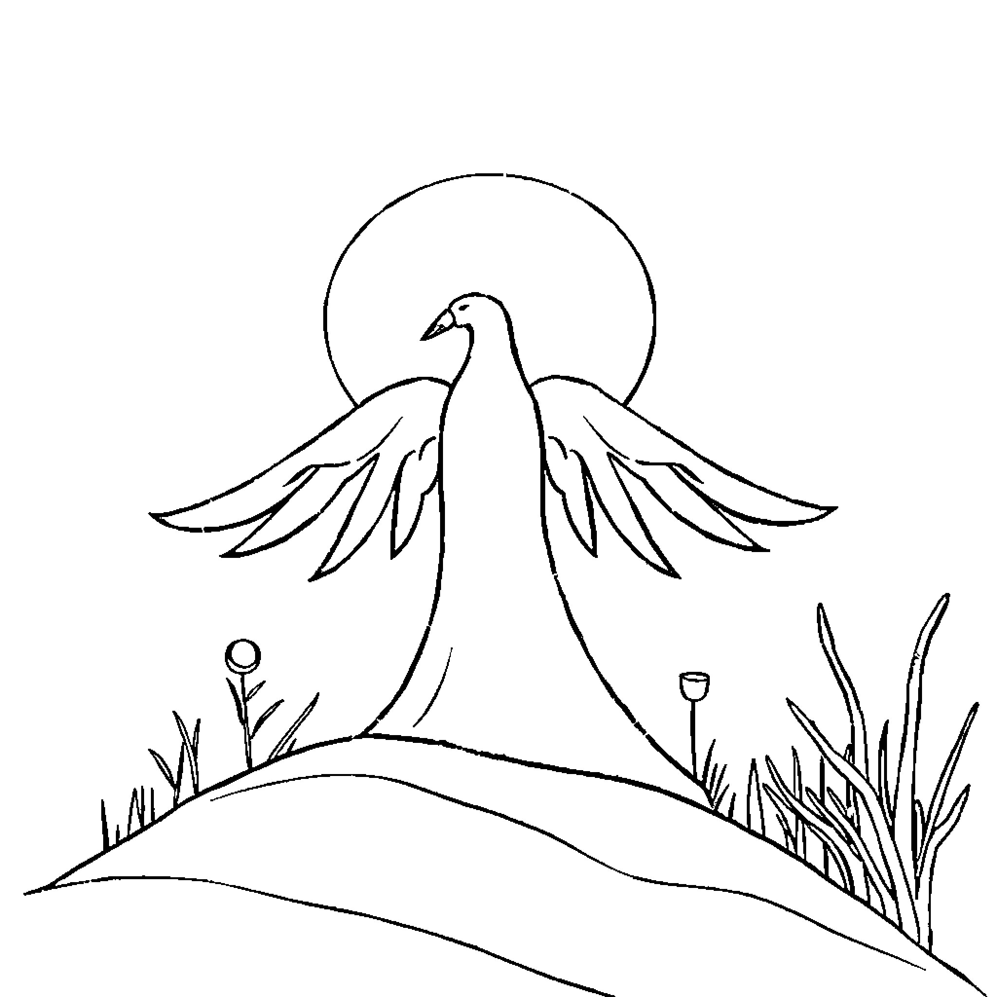 Book with Dove Spreading Its Wings in Nature Coloring Page (free black-and-white line drawing printable PDF for all, from beginners to advanced learners, including children, teens, adults, and seniors)