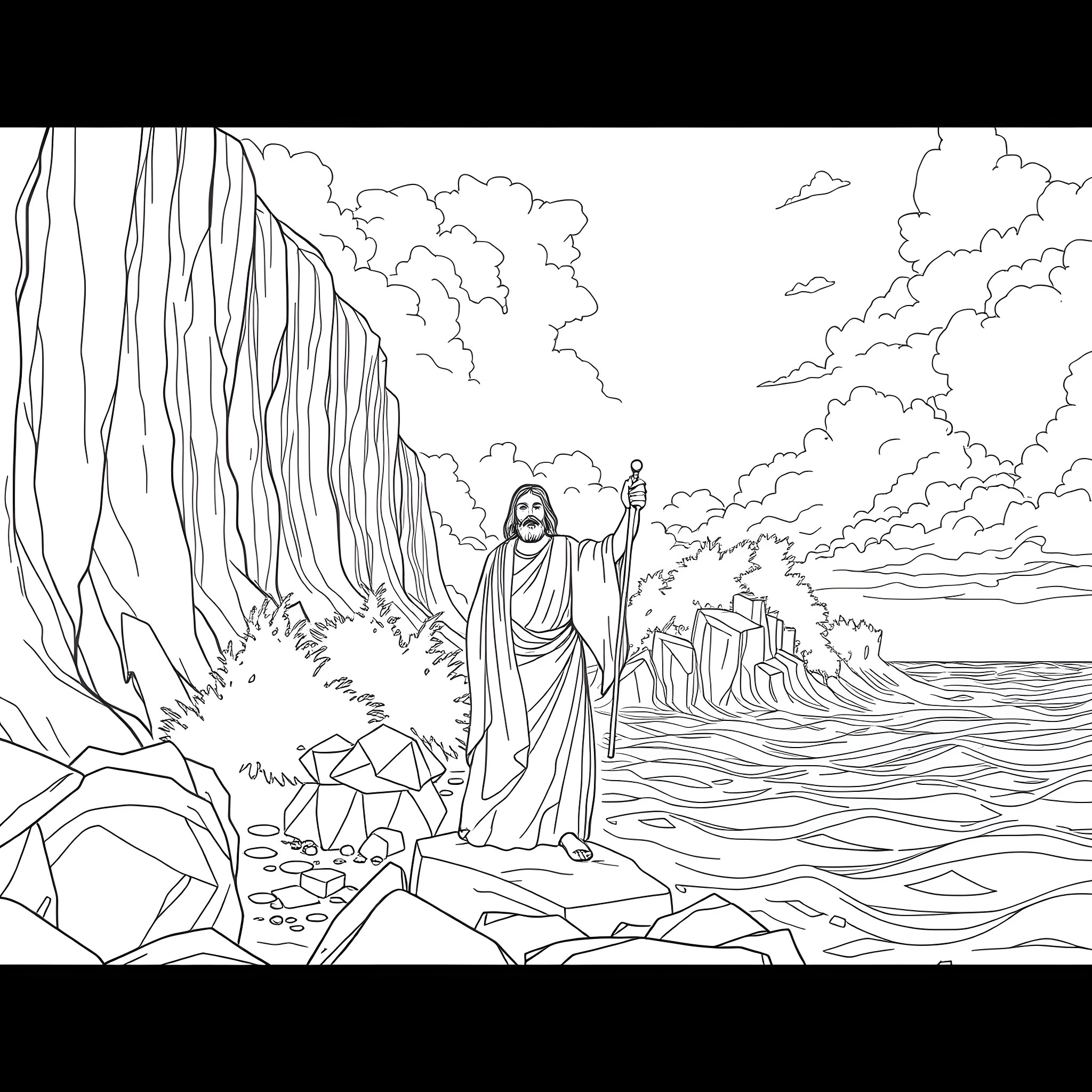 Moses Leading the Israelites through the Parted Sea Coloring Page (free black-and-white line drawing printable PDF for all, from beginners to advanced learners, including children, teens, adults, and seniors)