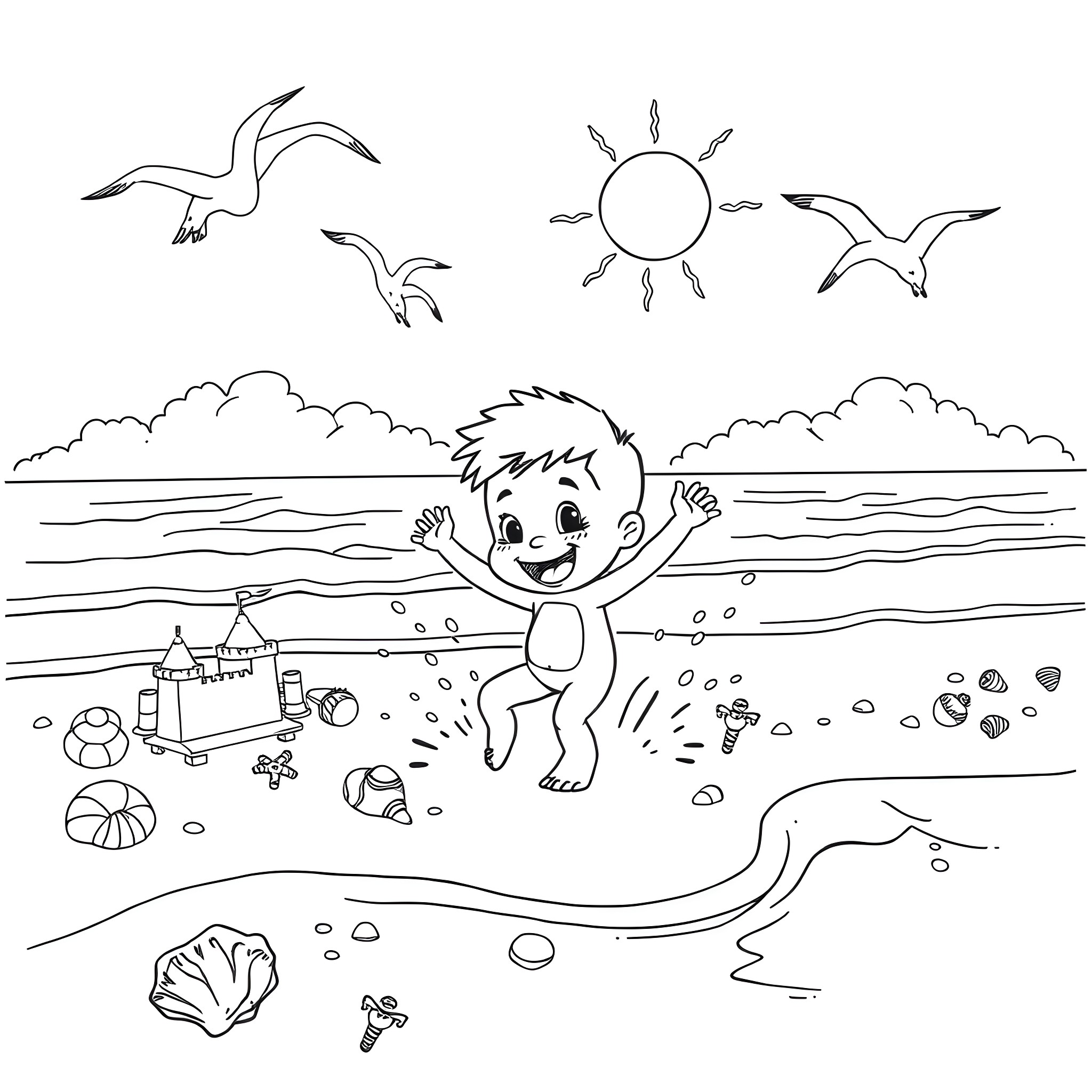 Bluey playing joyfully on the beach Coloring Page (free black-and-white line drawing printable PDF for all, from beginners to advanced learners, including children, teens, adults, and seniors)
