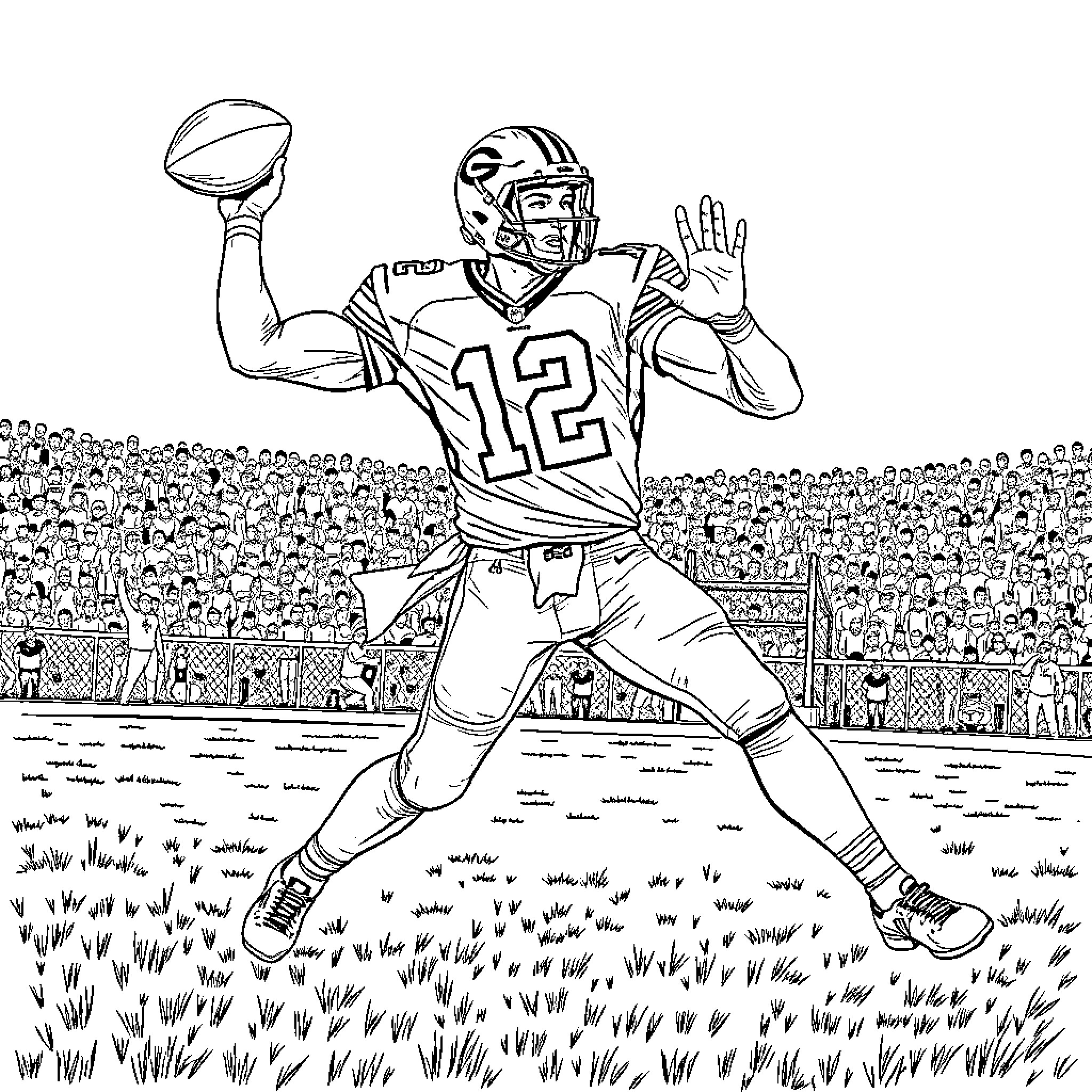 Josh Allen in Action on the Football Field Coloring Page (free black-and-white line drawing printable PDF for all, from beginners to advanced learners, including children, teens, adults, and seniors)