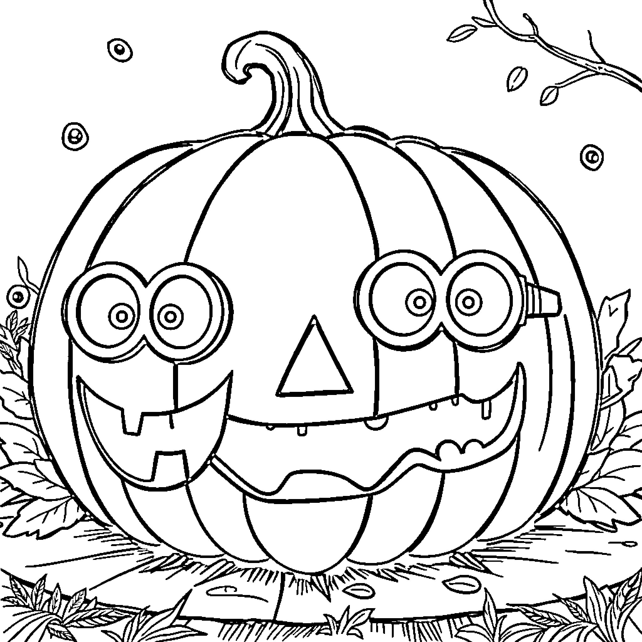 Minion pumpkin with silly expressions and details Coloring Page (free black-and-white line drawing printable PDF for all, from beginners to advanced learners, including children, teens, adults, and seniors)