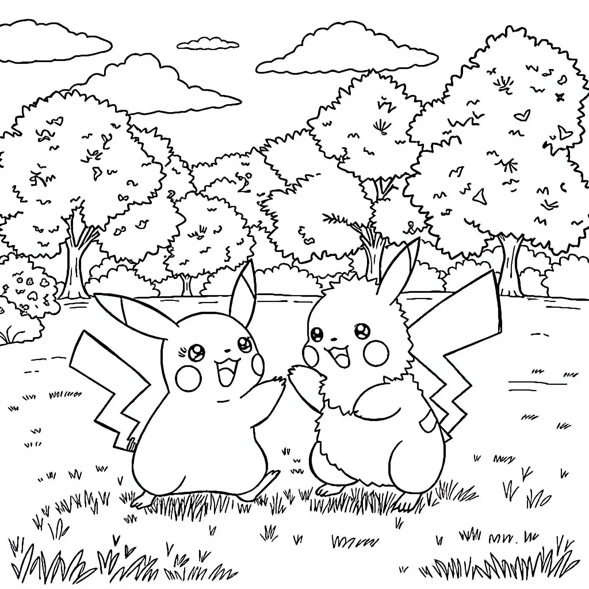 Pikachu enjoying a peaceful day in the forest Coloring Page (free black-and-white line drawing printable PDF for all, from beginners to advanced learners, including children, teens, adults, and seniors)
