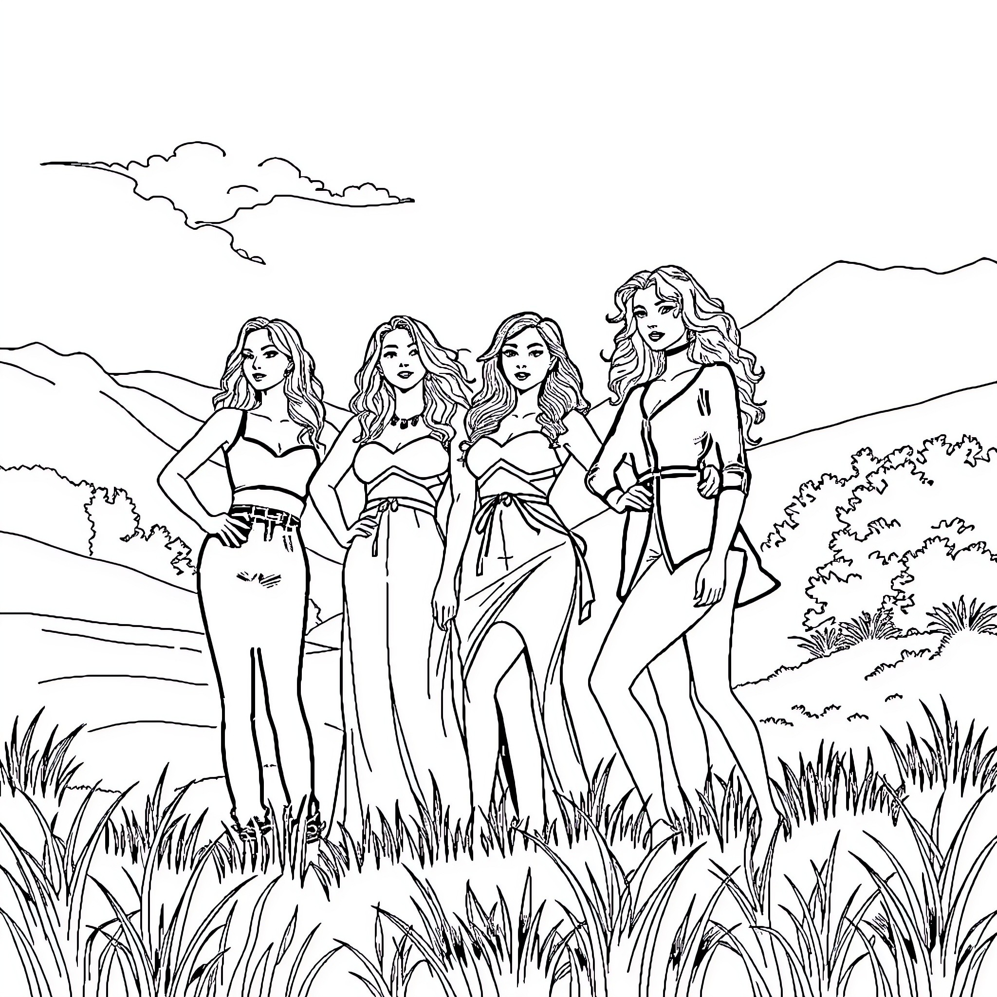 Women posing stylishly in an outdoor natural setting Coloring Page (free black-and-white line drawing printable PDF for all, from beginners to advanced learners, including children, teens, adults, and seniors)