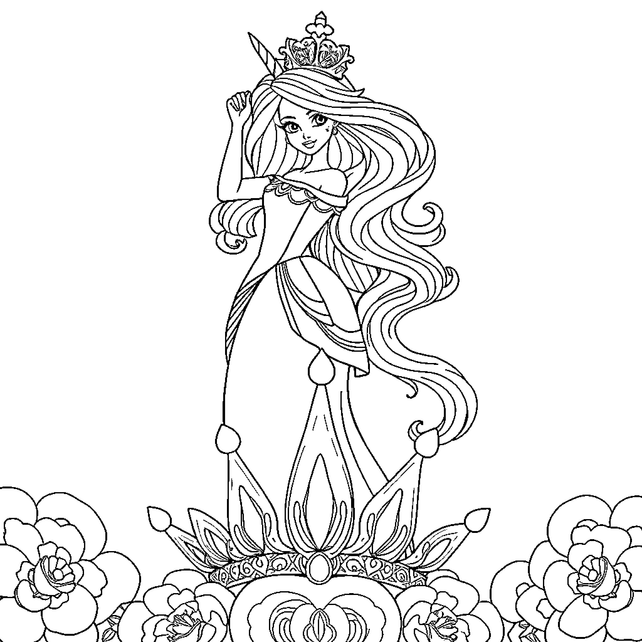 Princess posing gracefully with crown and floral decor Coloring Page (free black-and-white line drawing printable PDF for all, from beginners to advanced learners, including children, teens, adults, and seniors)