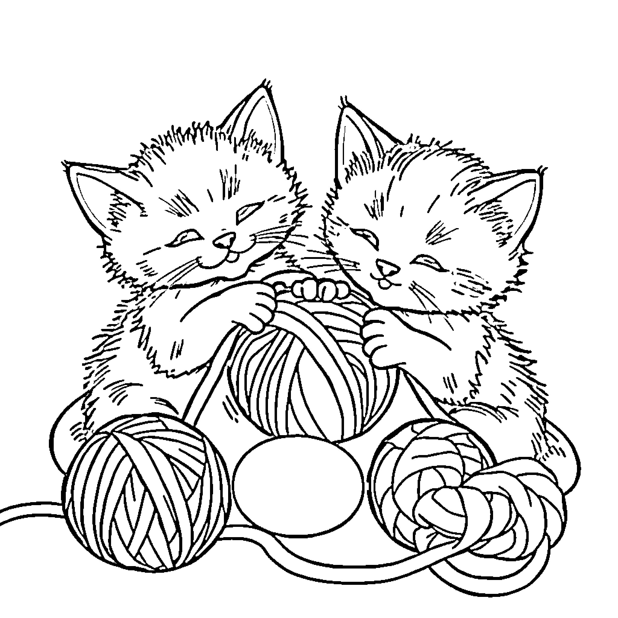 Kittens Playing with Yarn and Balls Coloring Page (free black-and-white line drawing printable PDF for all, from beginners to advanced learners, including children, teens, adults, and seniors)