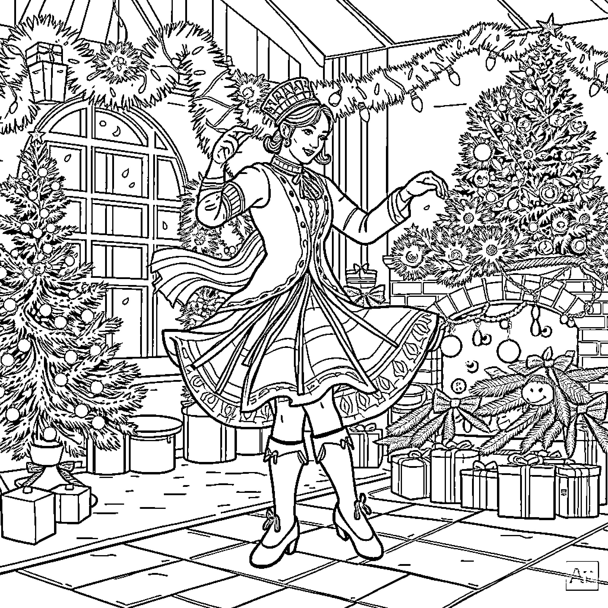 Dancer gracefully performing in festive holiday scene Coloring Page (free black-and-white line drawing printable PDF for all, from beginners to advanced learners, including children, teens, adults, and seniors)