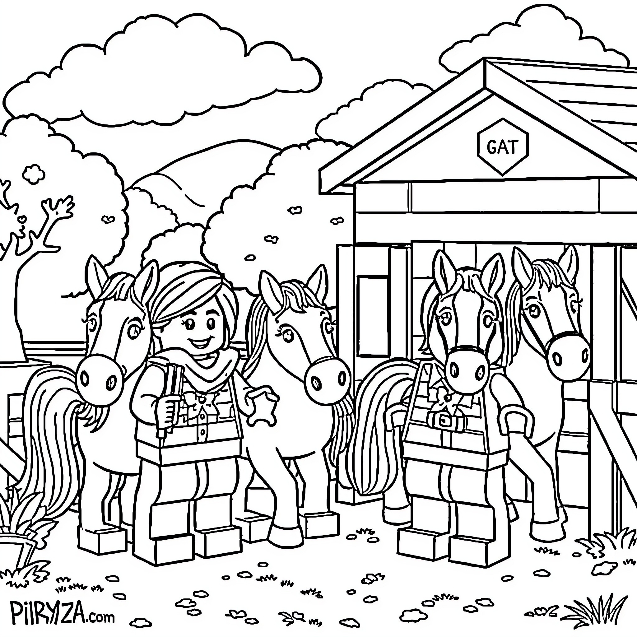 Lego Friends playing at the farm with horses Coloring Page (free black-and-white line drawing printable PDF for all, from beginners to advanced learners, including children, teens, adults, and seniors)