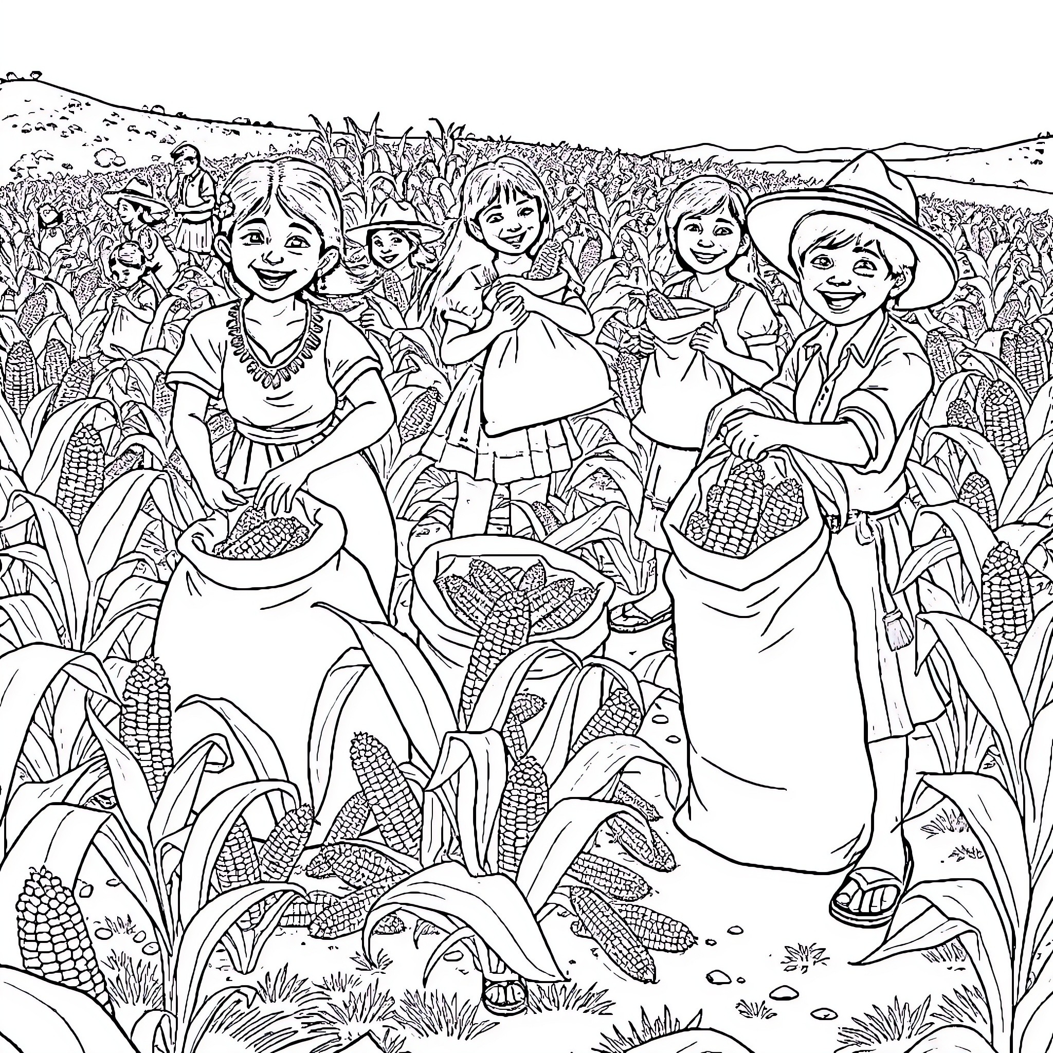 Person harvesting corn in rural farmland Coloring Page (free black-and-white line drawing printable PDF for all, from beginners to advanced learners, including children, teens, adults, and seniors)