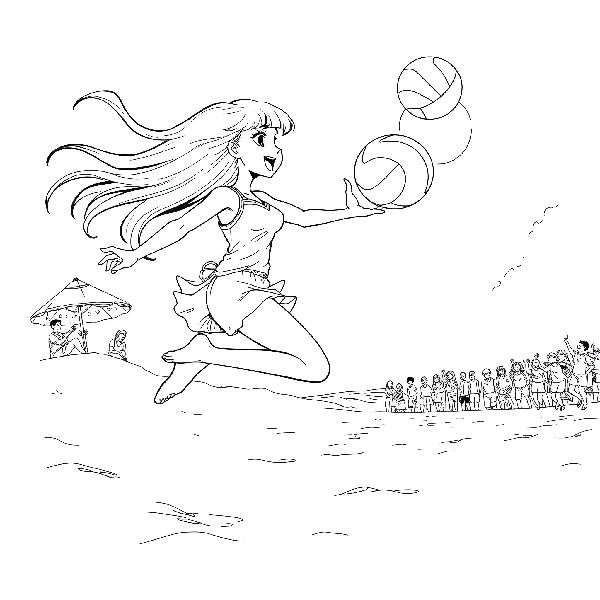 Nami playing beach volleyball with friends Coloring Page (free black-and-white line drawing printable PDF for all, from beginners to advanced learners, including children, teens, adults, and seniors)