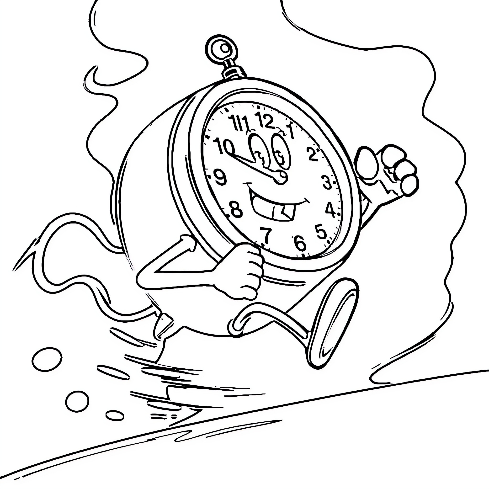 Clock character running frantically on wheels Coloring Page (free black-and-white line drawing printable PDF for all, from beginners to advanced learners, including children, teens, adults, and seniors)