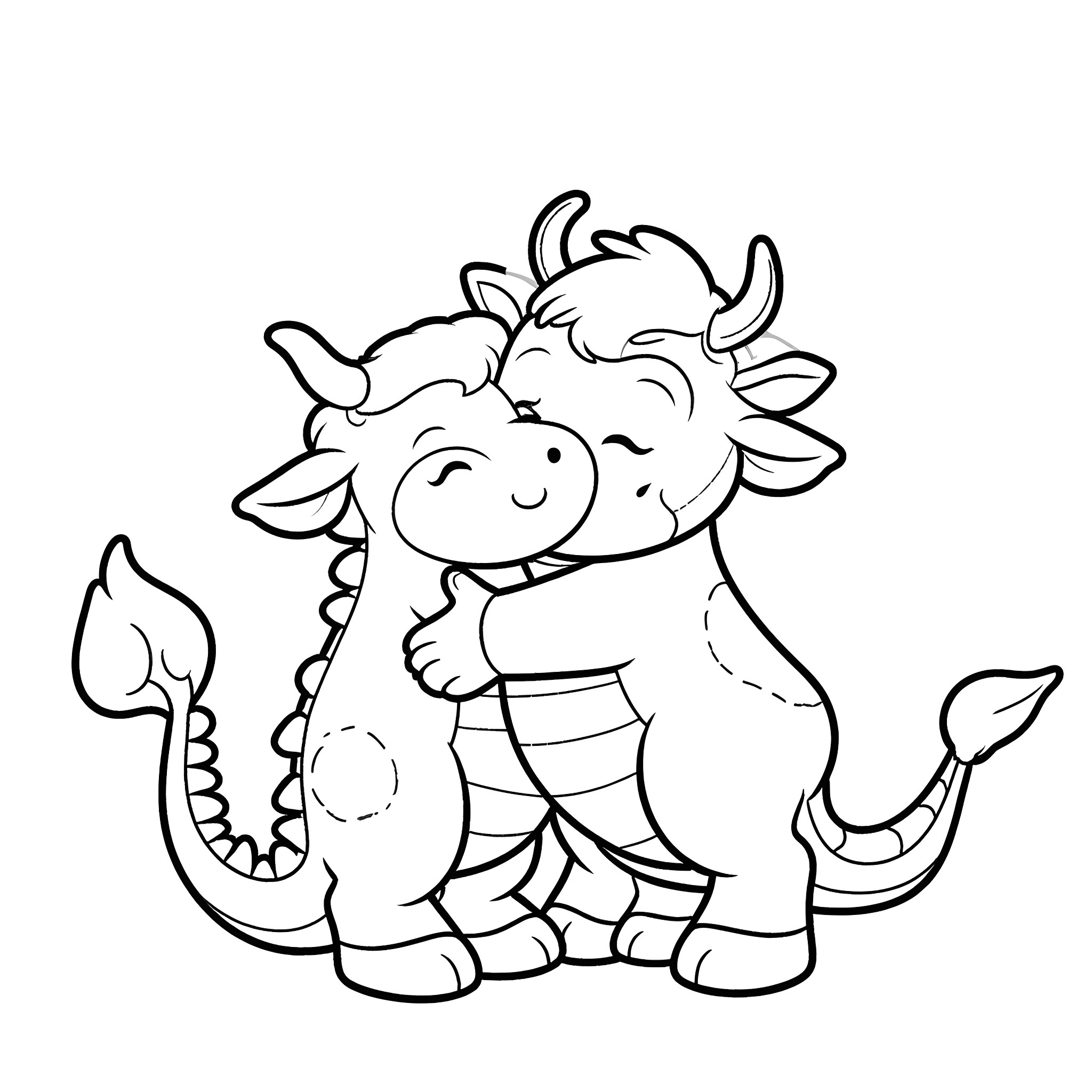 Cow friends hugging playfully Coloring Page (free black-and-white line drawing printable PDF for all, from beginners to advanced learners, including children, teens, adults, and seniors)