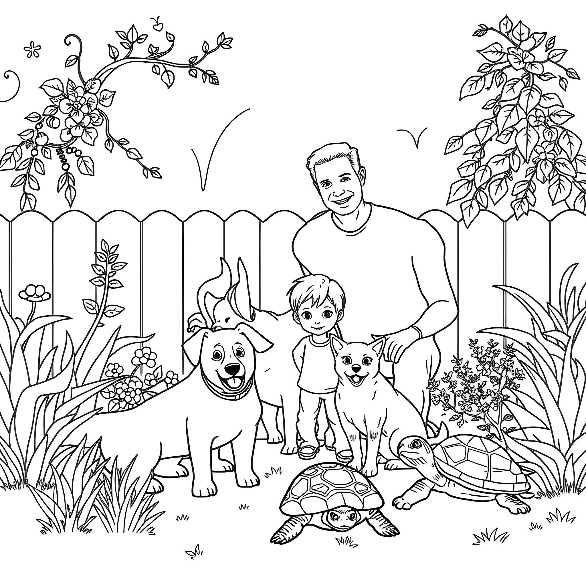 Family playing with pets in the garden Coloring Page (free black-and-white line drawing printable PDF for all, from beginners to advanced learners, including children, teens, adults, and seniors)