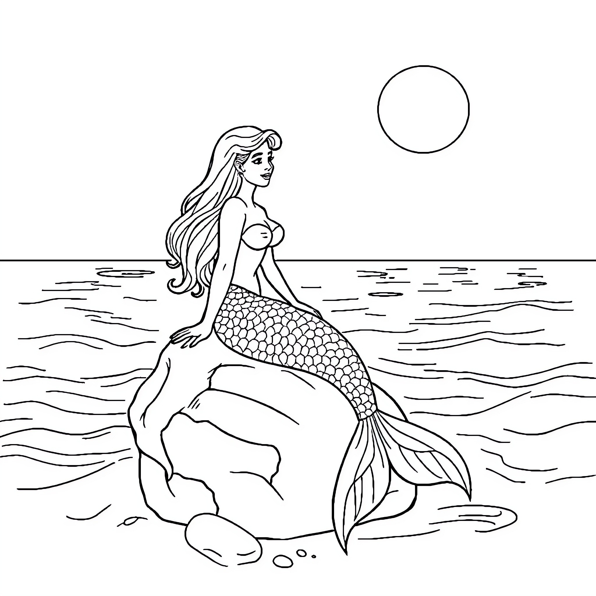 Mermaid resting on a rock in the moonlight Coloring Page (free black-and-white line drawing printable PDF for all, from beginners to advanced learners, including children, teens, adults, and seniors)