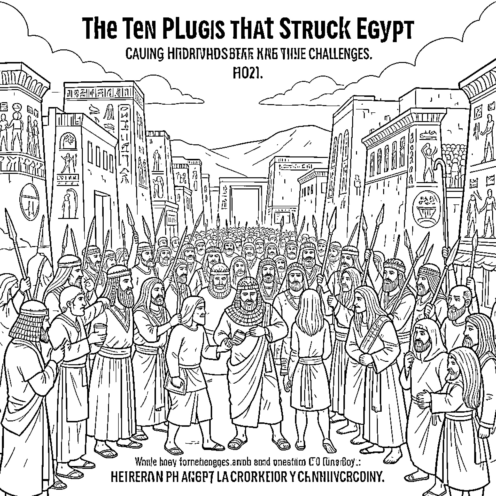 Plague striking Egypt with crowds of people in ancient streets Coloring Page (free black-and-white line drawing printable PDF for all, from beginners to advanced learners, including children, teens, adults, and seniors)