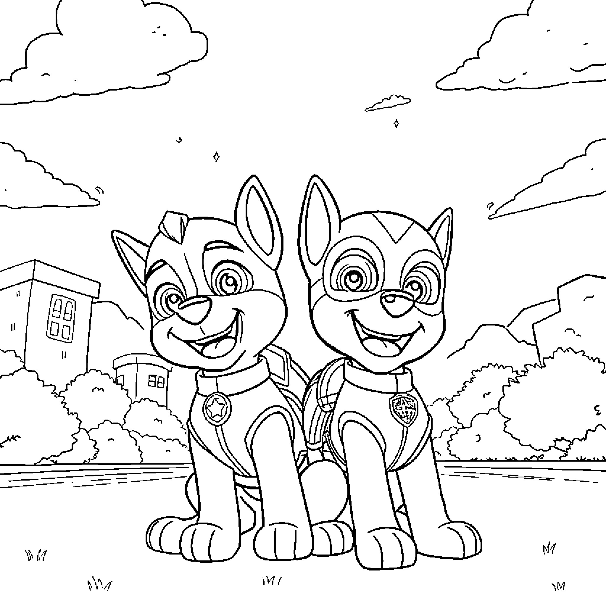 Paw Patrol pups on patrol in the city Coloring Page (free black-and-white line drawing printable PDF for all, from beginners to advanced learners, including children, teens, adults, and seniors)