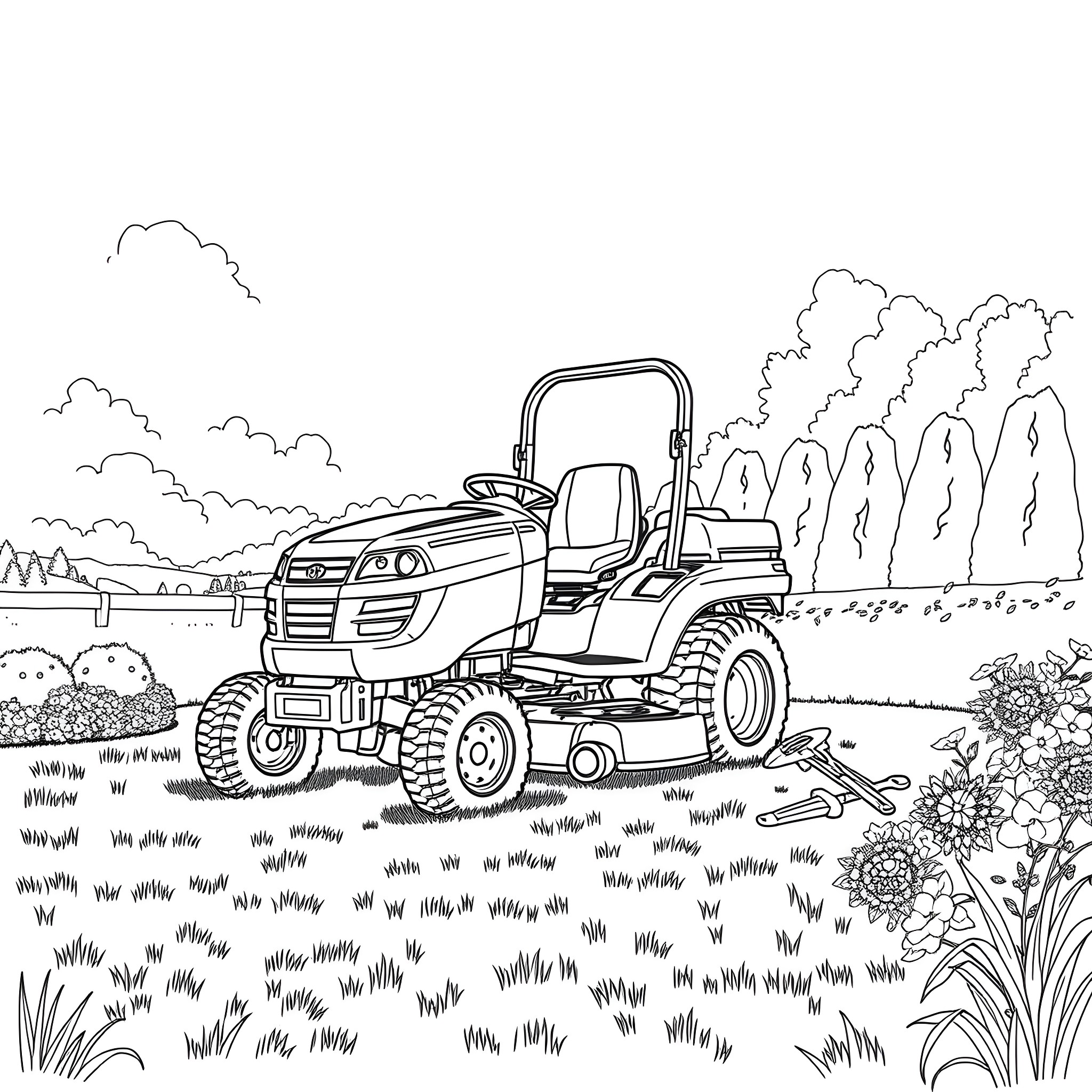 Riding Mower Cutting Grass on a Sunny Day Coloring Page (free black-and-white line drawing printable PDF for all, from beginners to advanced learners, including children, teens, adults, and seniors)