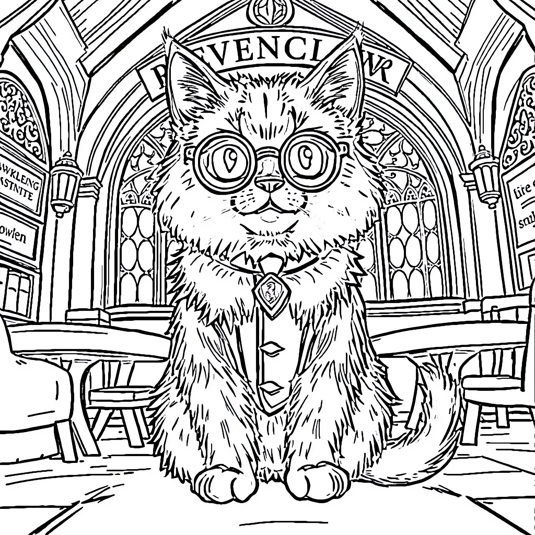 Cat in Glasses at Vintage Coffee Shop Coloring Page (free black-and-white line drawing printable PDF for all, from beginners to advanced learners, including children, teens, adults, and seniors)