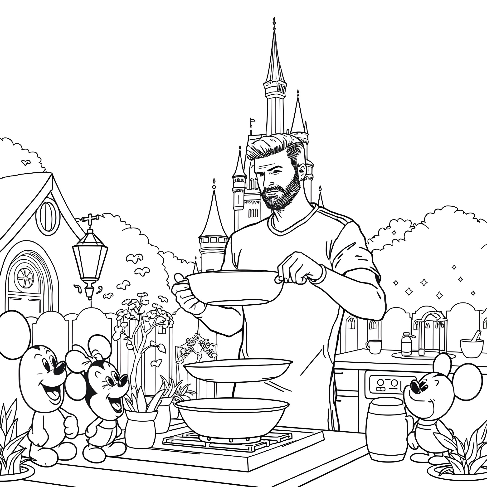David Beckham cooking with Disney characters in a castle landscape Coloring Page (free black-and-white line drawing printable PDF for all, from beginners to advanced learners, including children, teens, adults, and seniors)