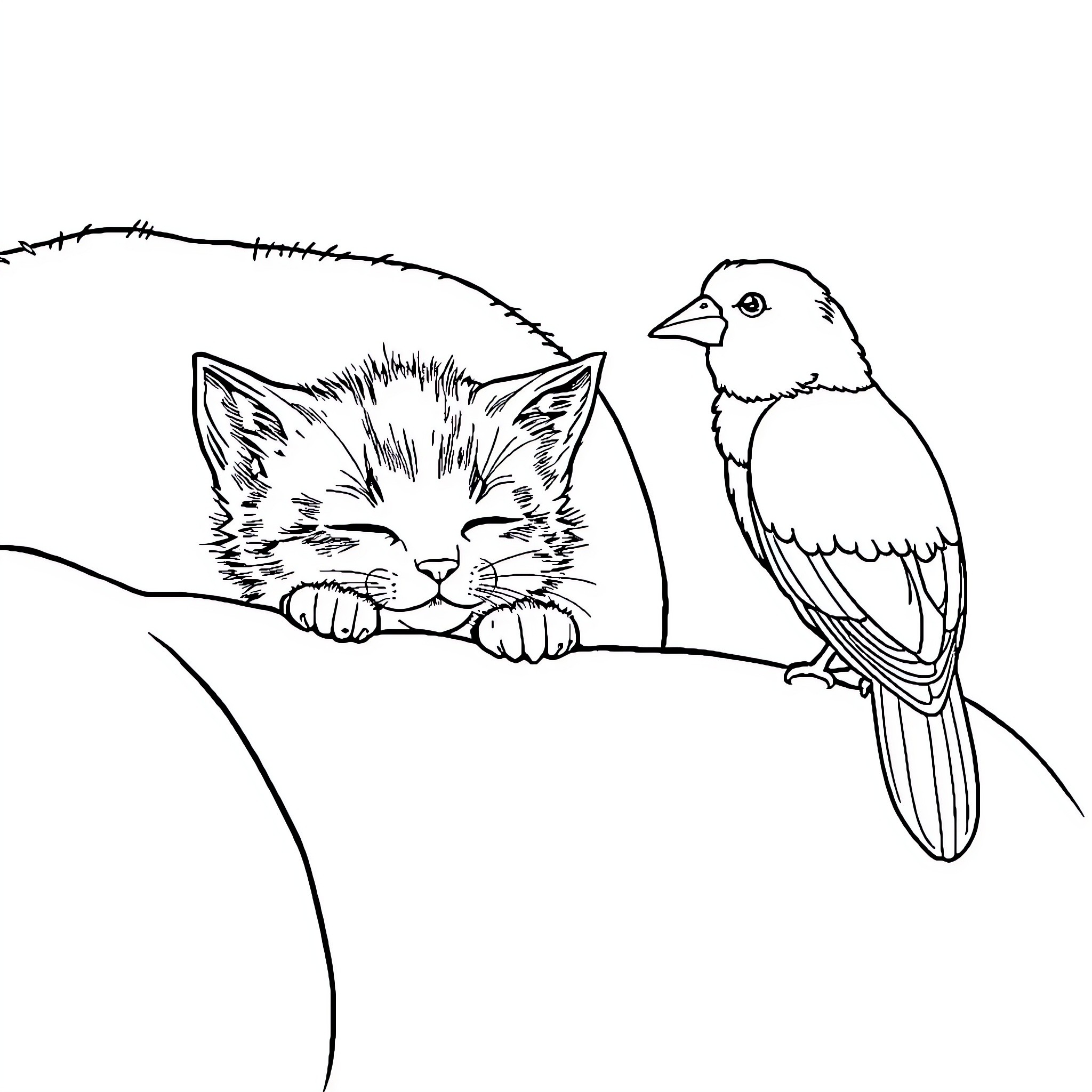 Kitten peeks at bird on tree branch Coloring Page (free black-and-white line drawing printable PDF for all, from beginners to advanced learners, including children, teens, adults, and seniors)