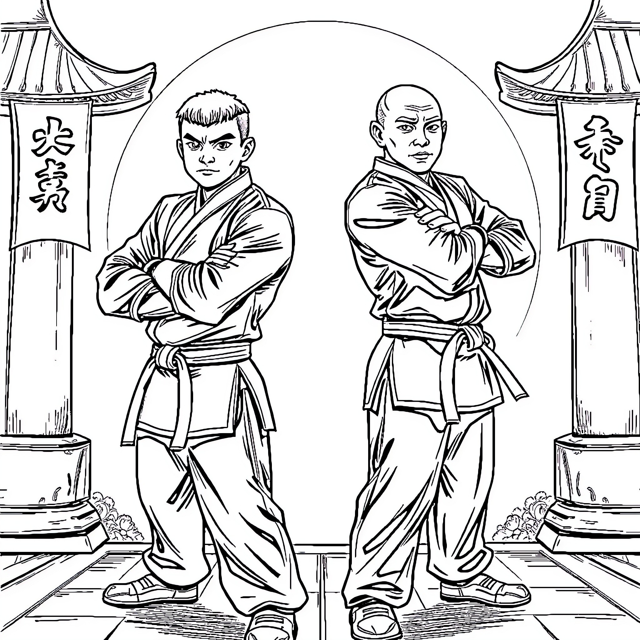 Zhen's martial arts masters in traditional attire Coloring Page (free black-and-white line drawing printable PDF for all, from beginners to advanced learners, including children, teens, adults, and seniors)