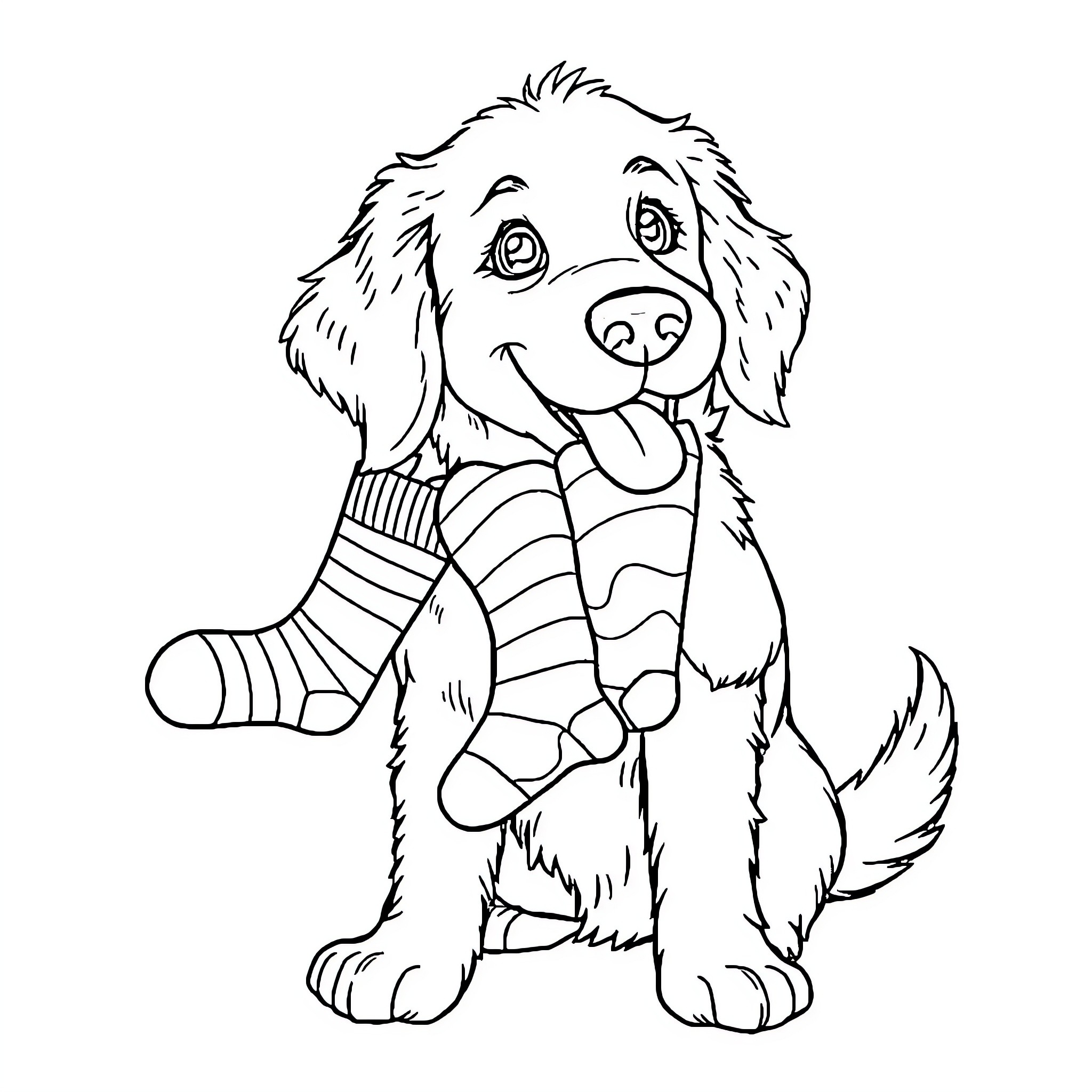 Golden Retriever Sitting in Warm Scarf Coloring Page (free black-and-white line drawing printable PDF for all, from beginners to advanced learners, including children, teens, adults, and seniors)
